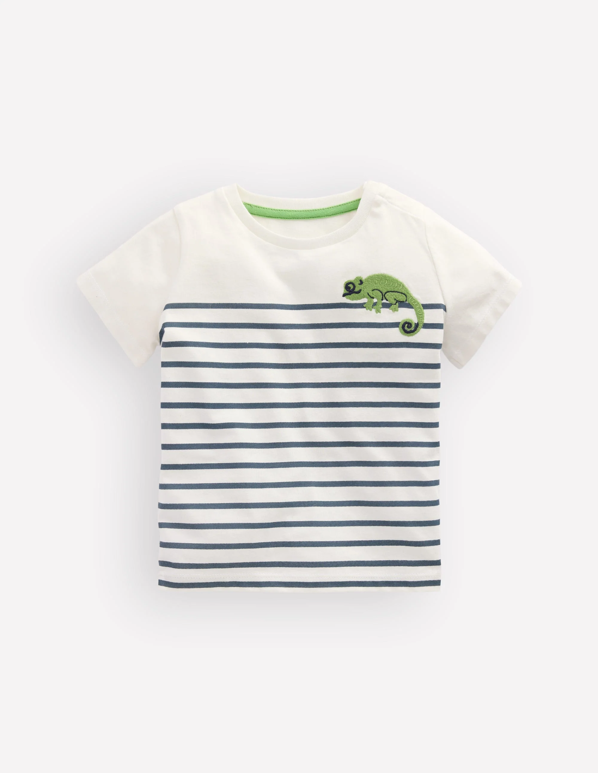 Besticktes T-Shirt für Jungen-Blau Streifen Chamäleon