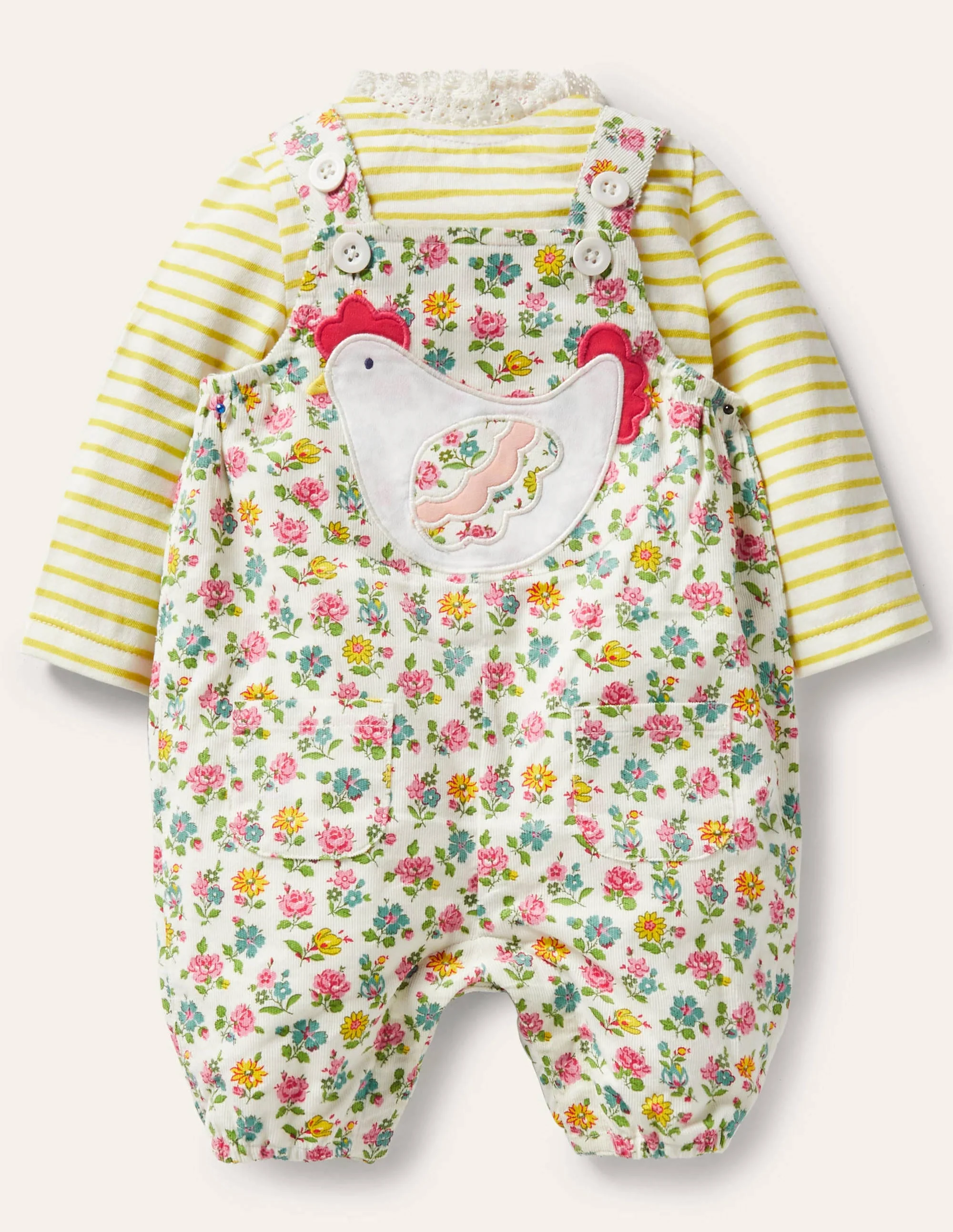 Cord-Latzhosenset-Naturweiß, Patchwork-Blumen
