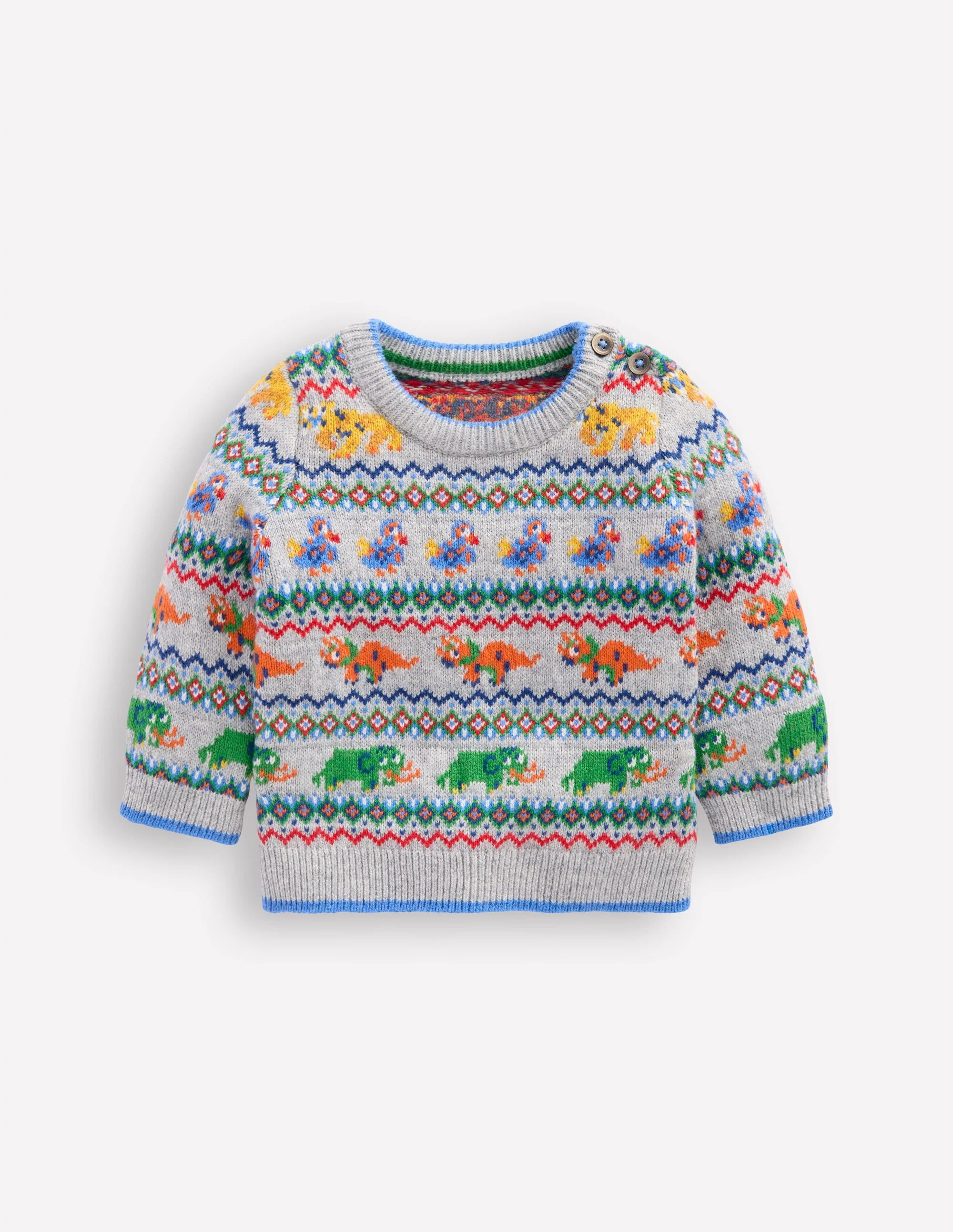 Fair-Isle-Pullover mit Knöpfen-Grau Meliert Prähistorische Tiere