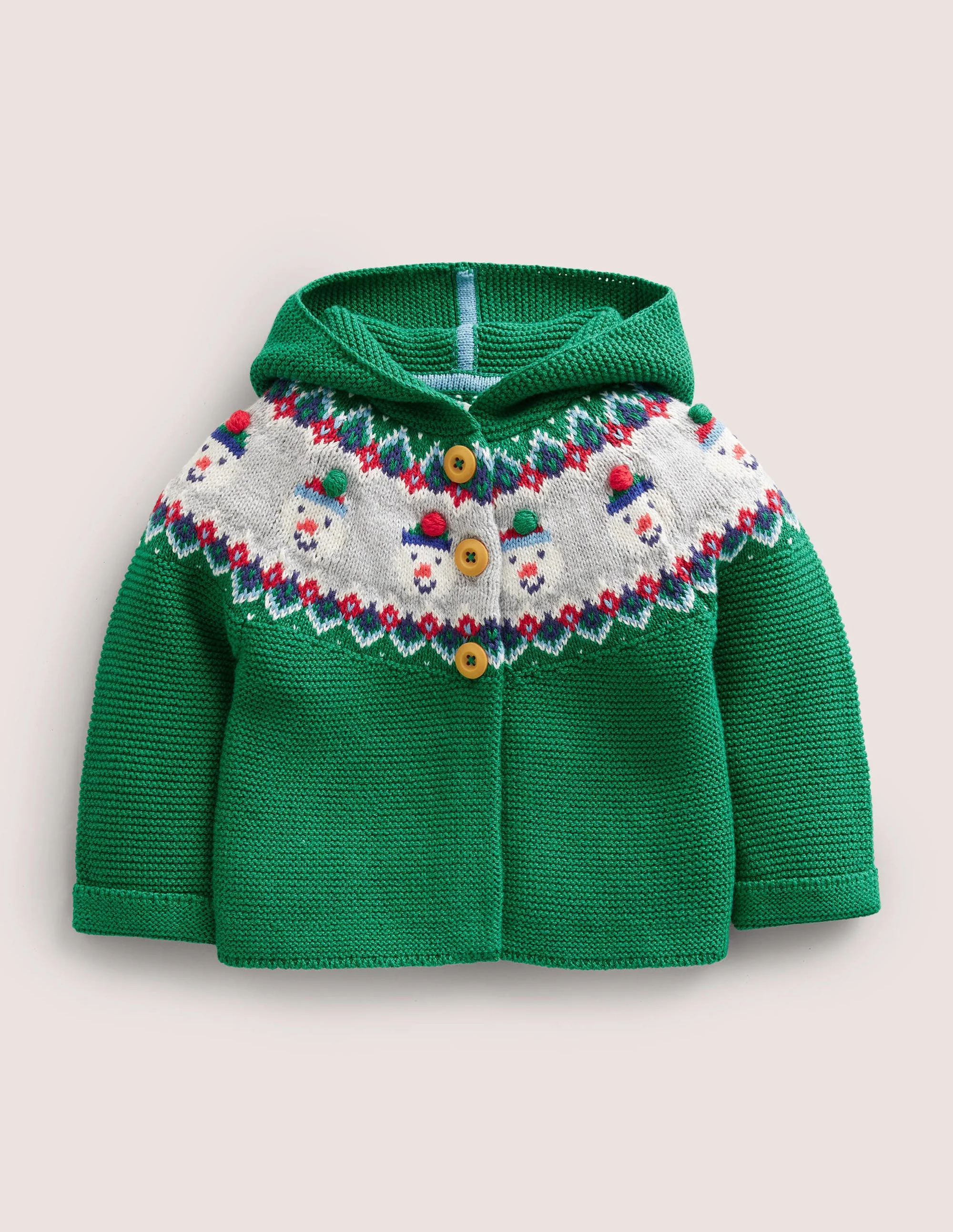 Fair-Isle-Strickjacke-Grün, Fair-Isle-Muster mit Schneemännern