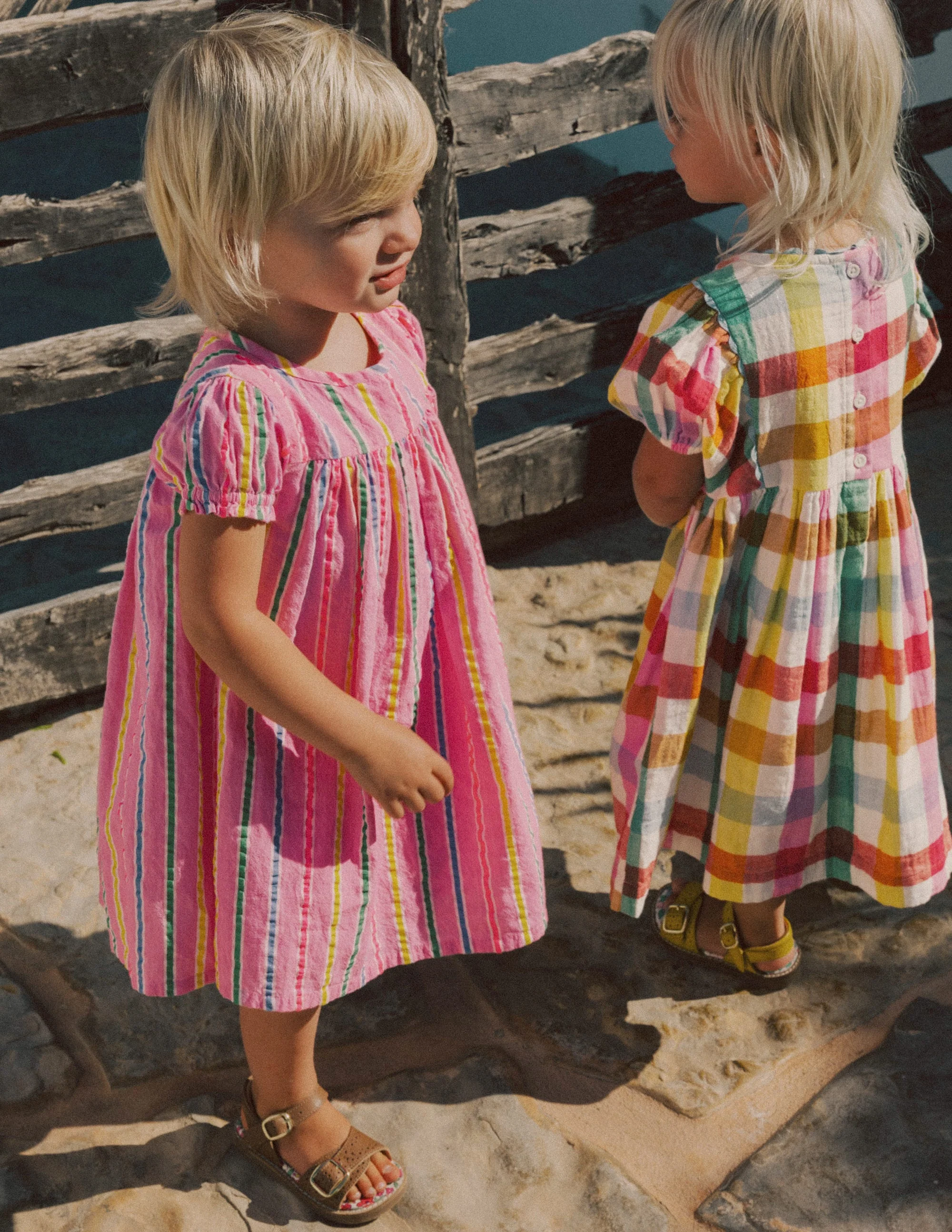 Gerafftes, gewebtes Kleid-Neonpink Bunt Streifen - Image 6