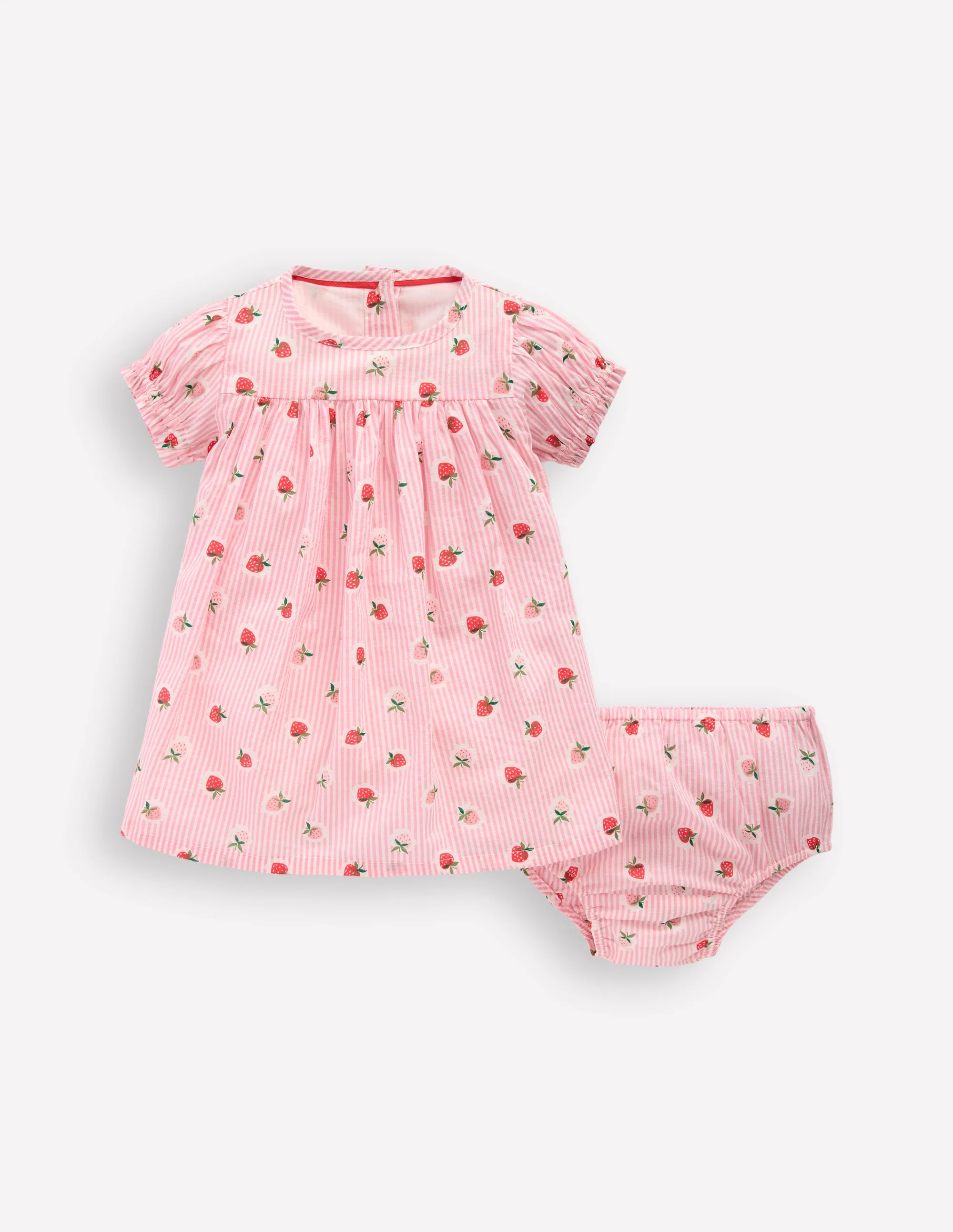 Gerafftes, gewebtes Kleid-Rosa Erdbeermuster Streifen