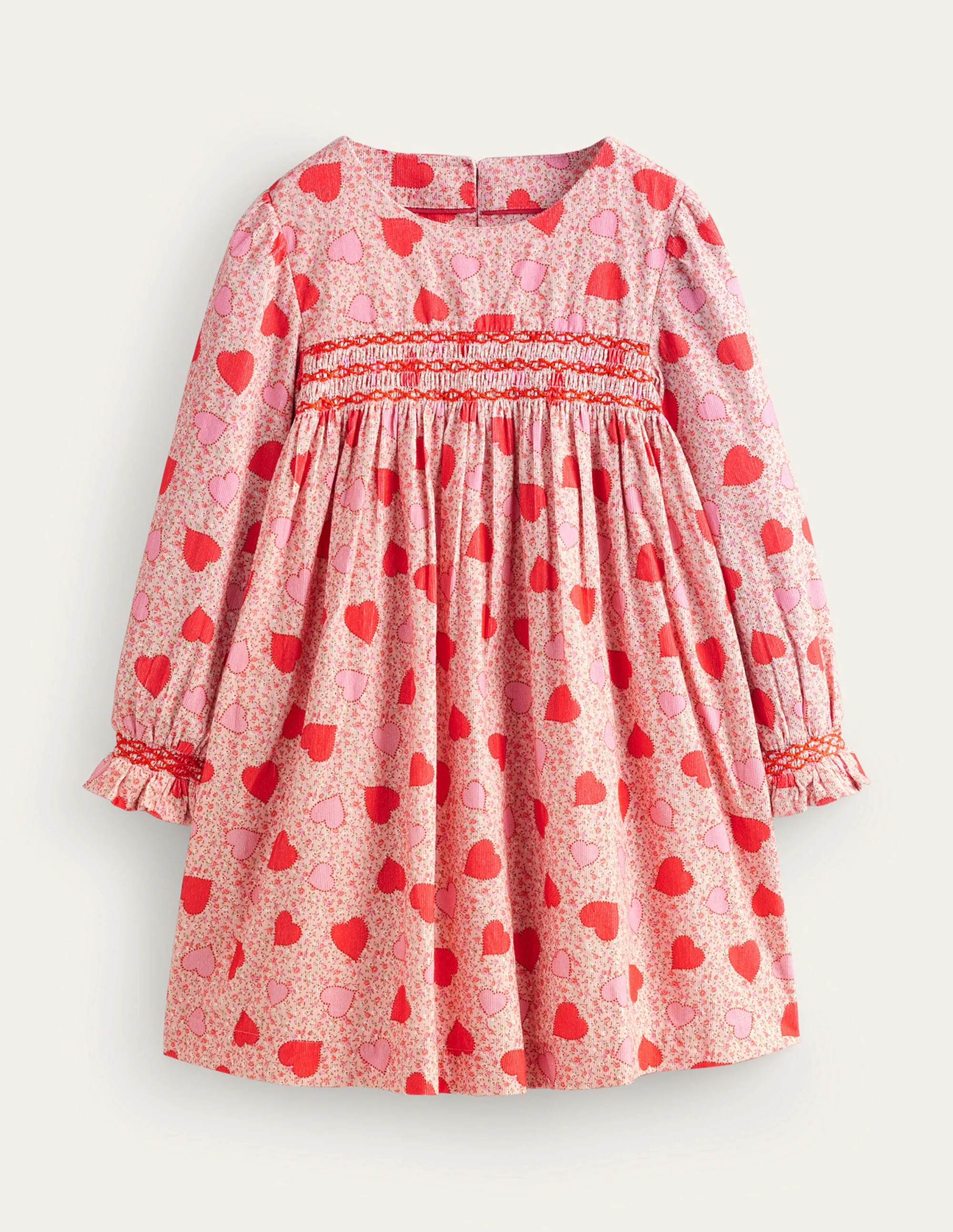 Gesmoktes Kleid aus Cord-Ballettrosa Herzen Floral