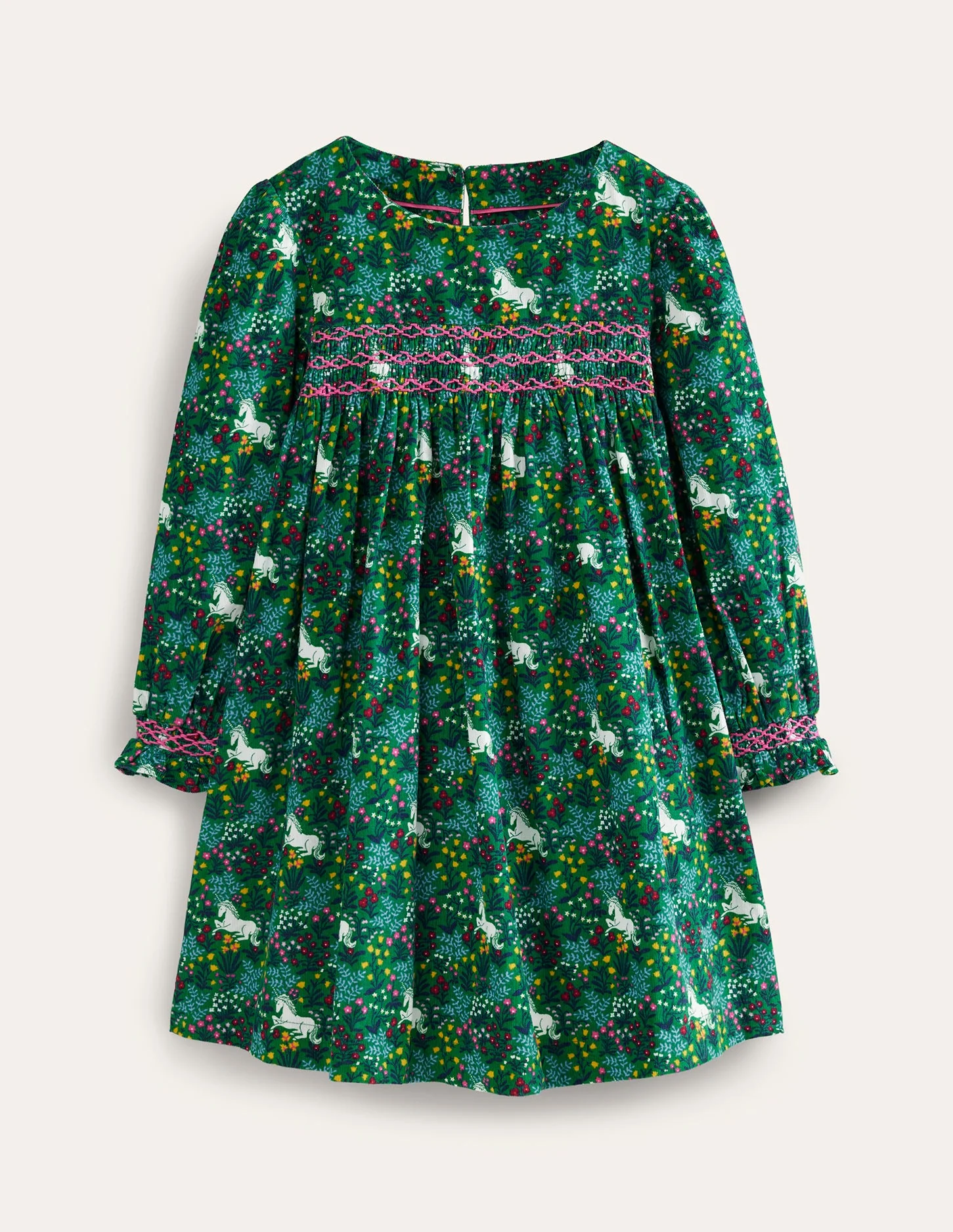 Gesmoktes Kleid aus Cord-Tiefgrün Einhorn Wiese