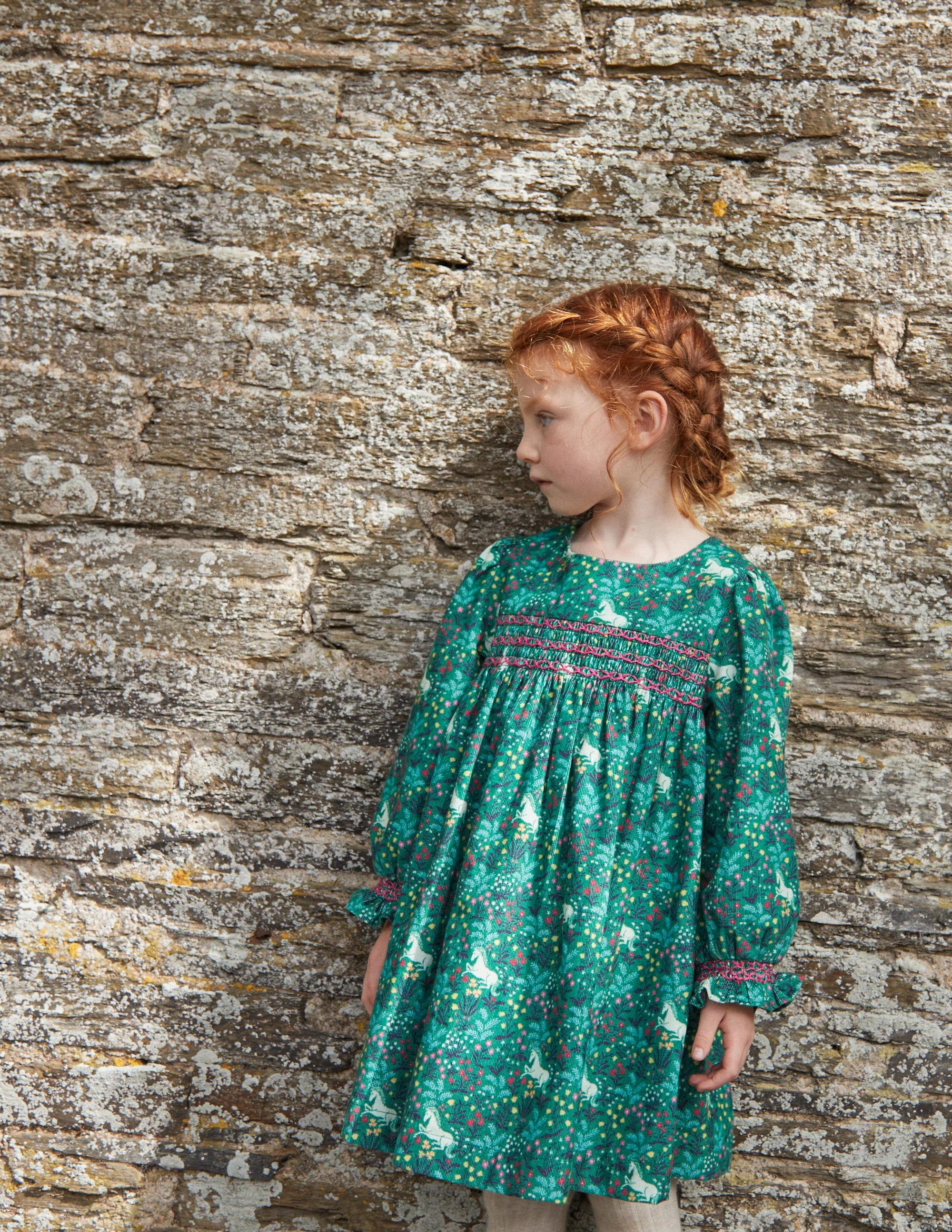 Gesmoktes Kleid aus Cord-Tiefgrün Einhorn Wiese - Image 4