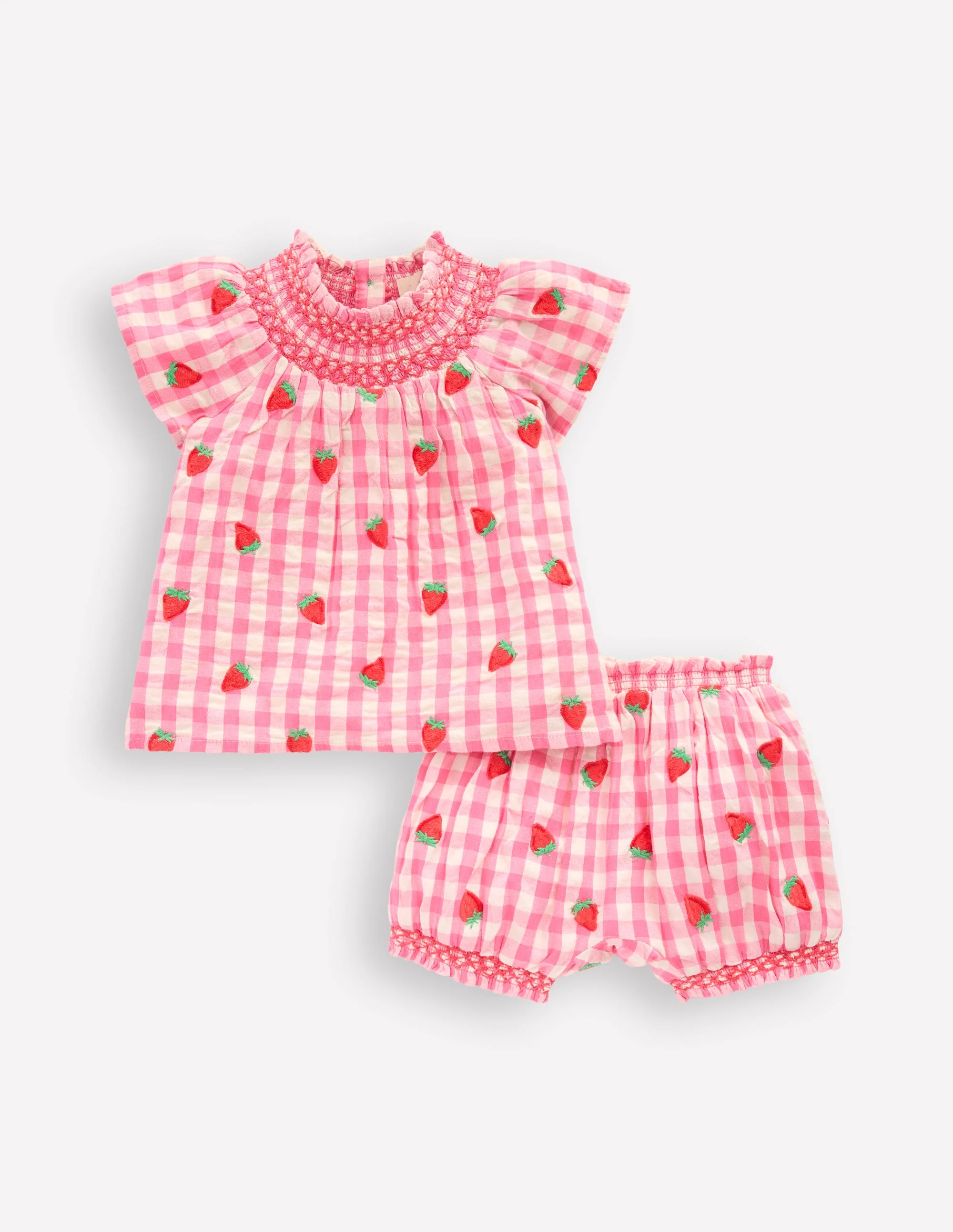 Gesmoktes Spielset-Rosa Rose Vichykaro Erdbeeren