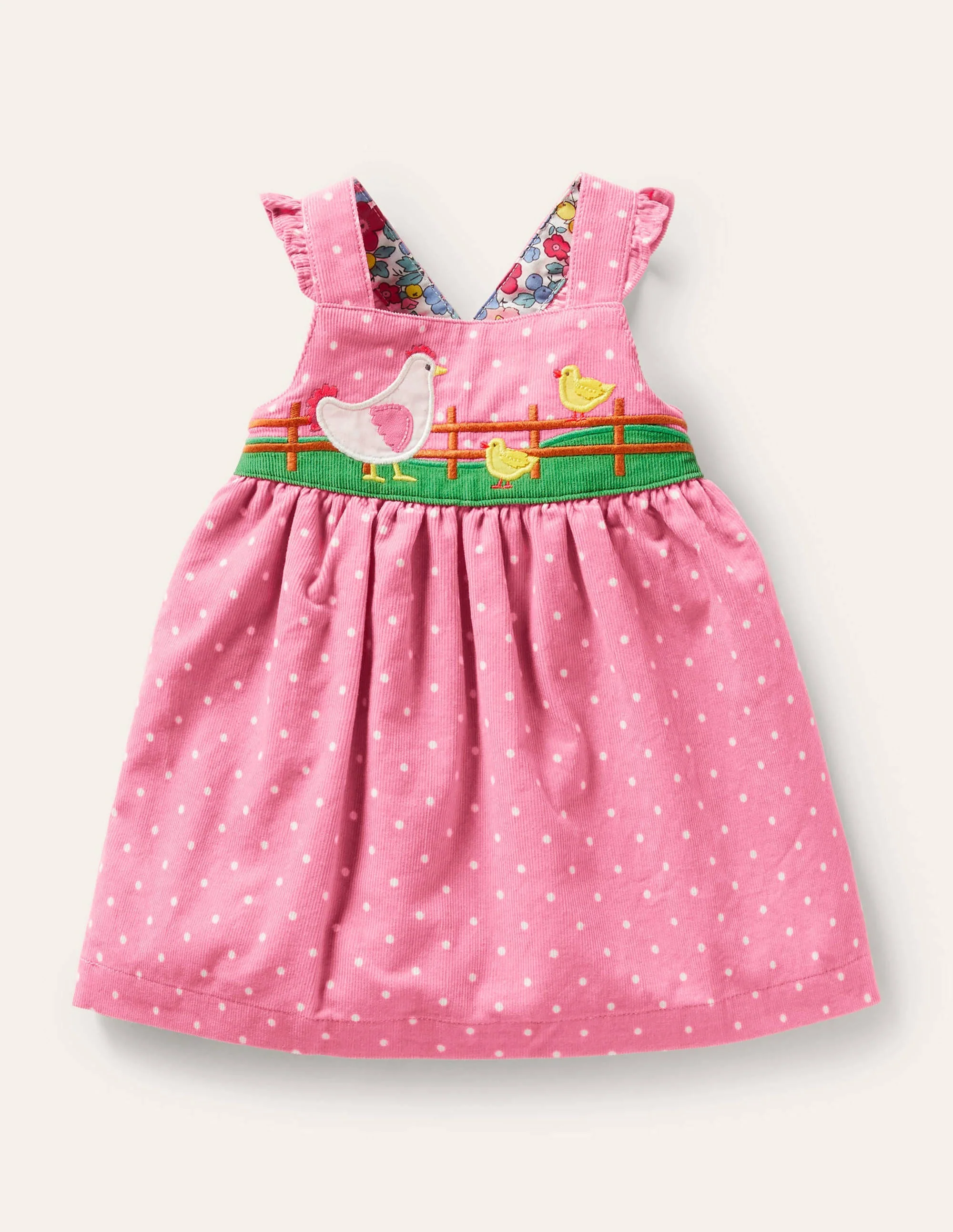 Getupftes Cord-Latzkleid mit Applikation-Kirschblütenrosa, Hühner