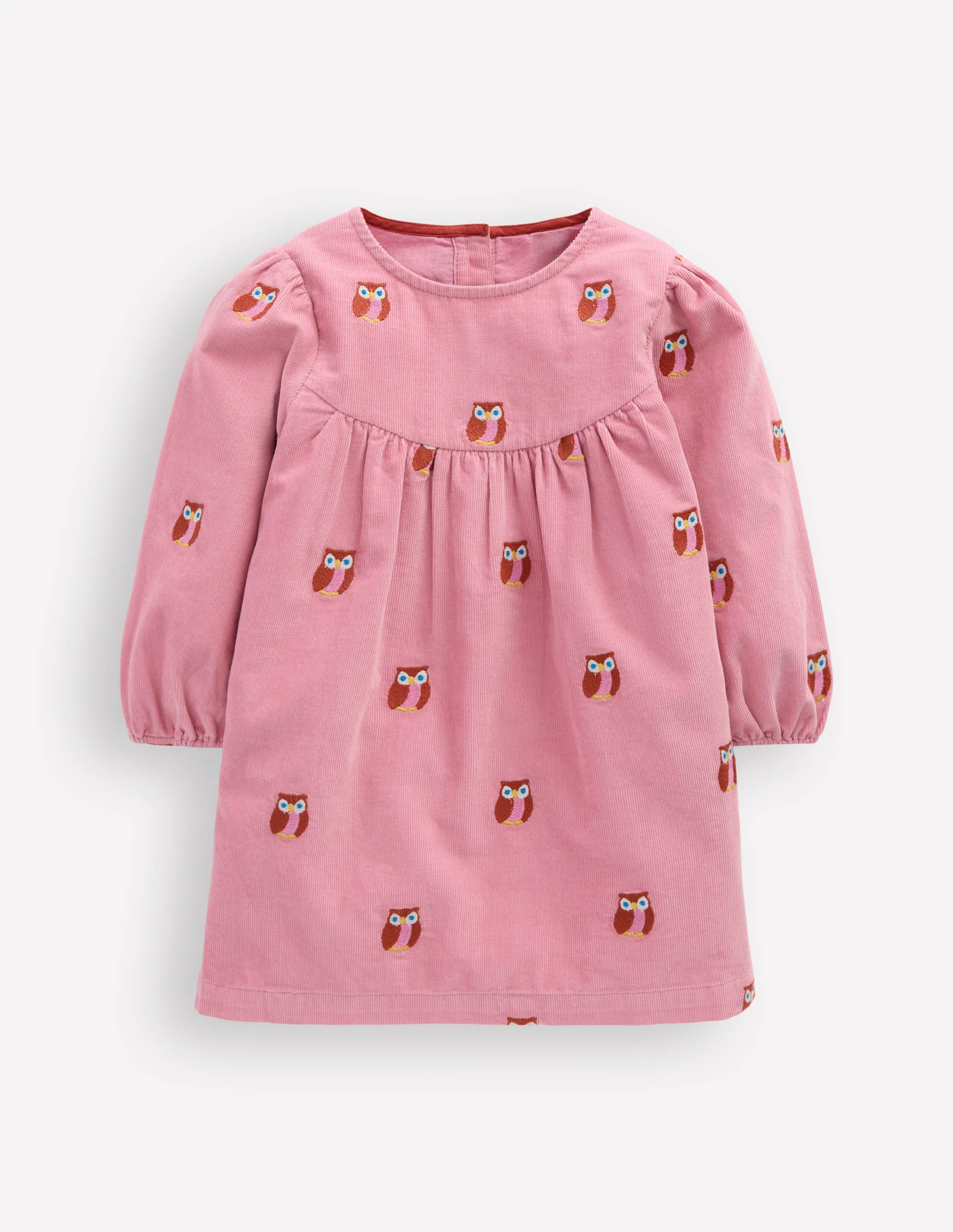 Gewebtes Kleid mit Passe-Rosa Eulenstickereien