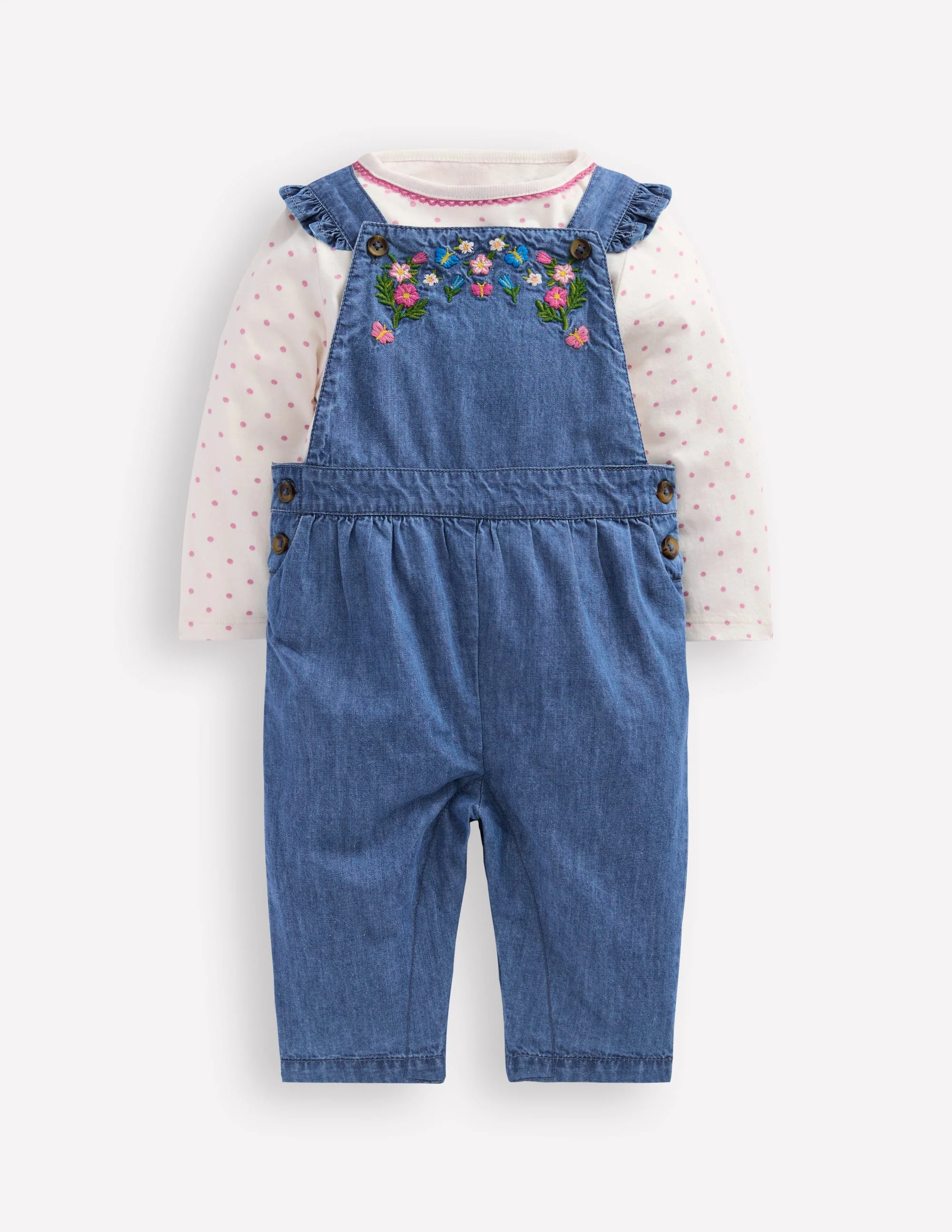 Gewebtes Latzhosen-Set-Blau Chambray Stickerei