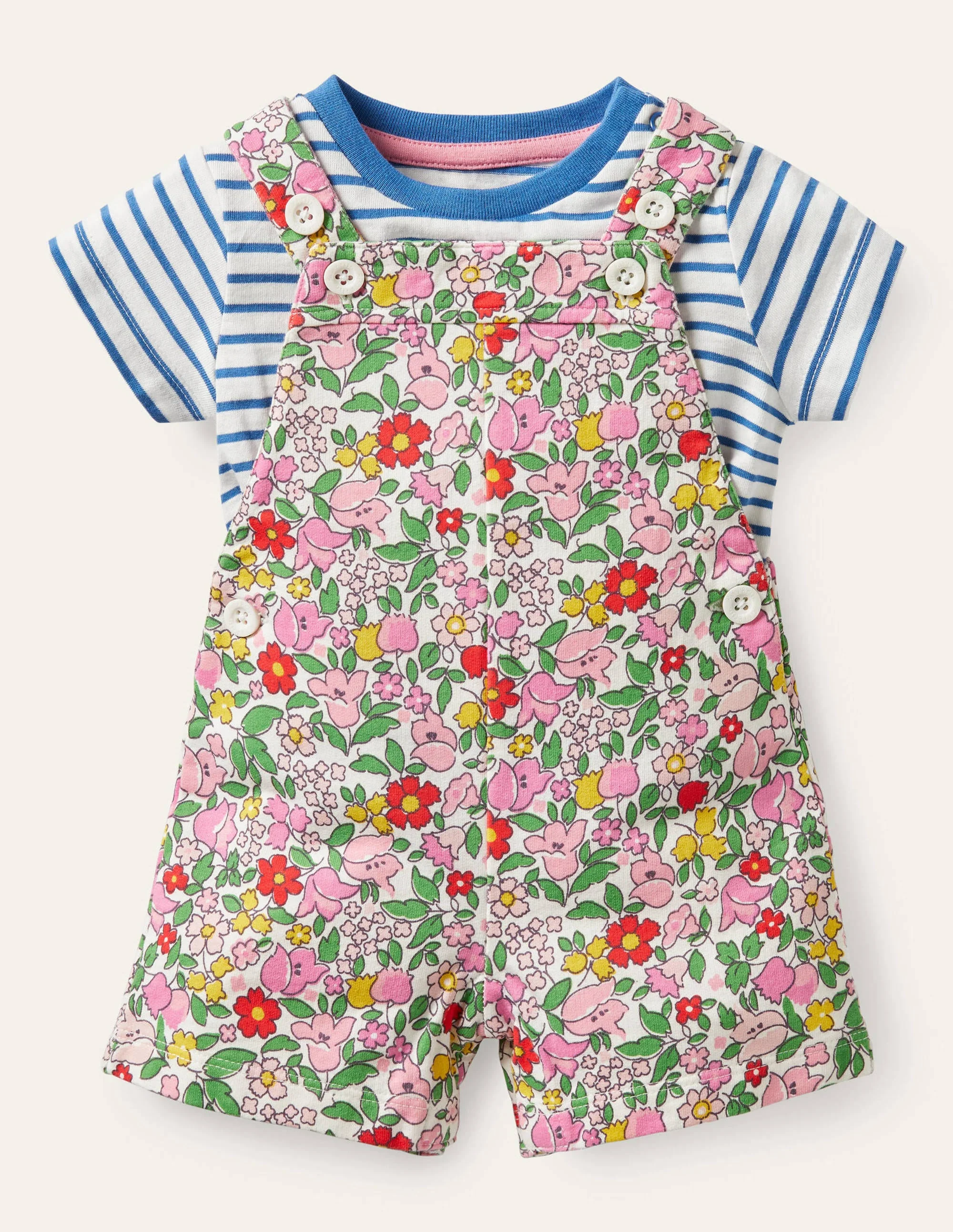 Jersey-Latzhosen-Set-Limonadenrosa, Vintage-Blumenmuster