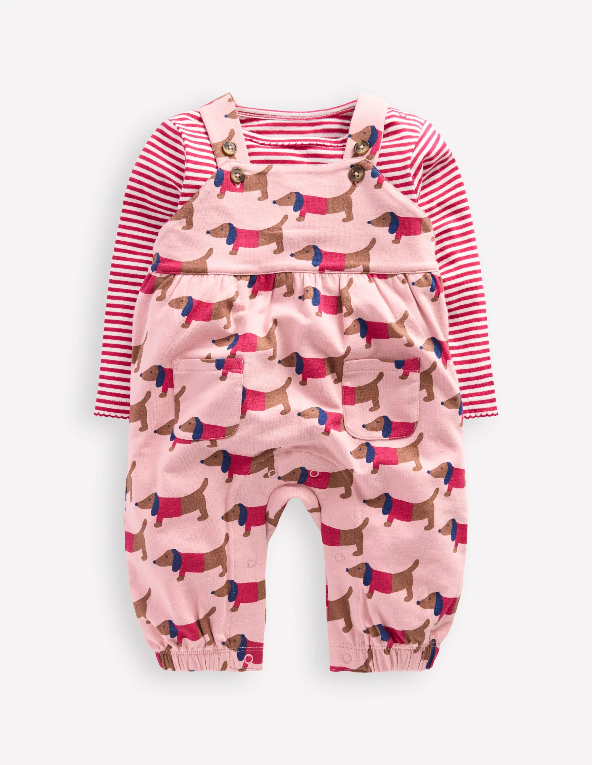 Jersey-Oberteil und Latzhose im Set-Rosa, Dackel