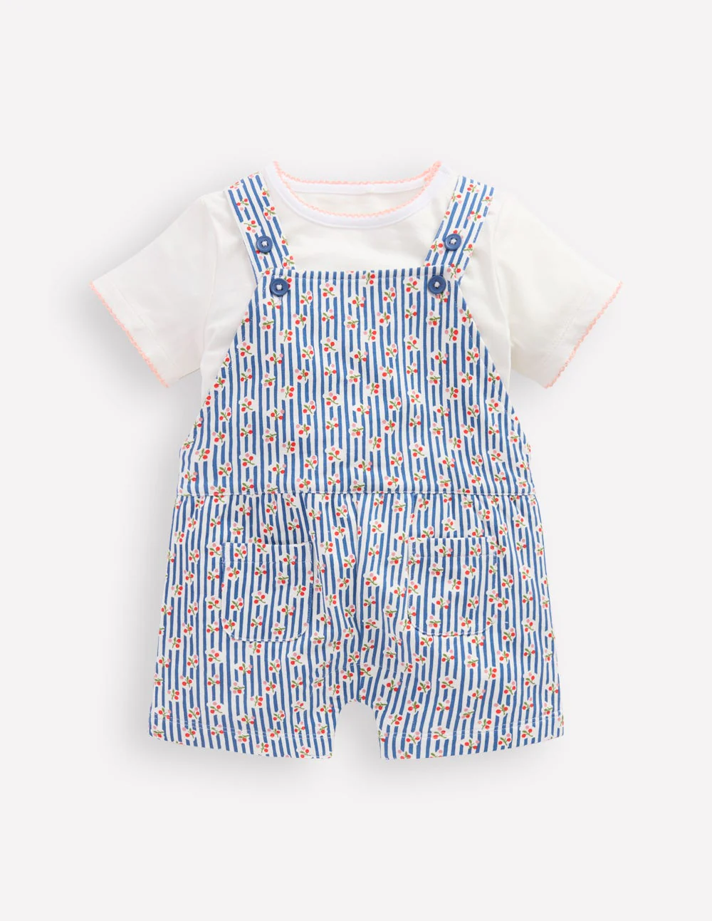 Jersey-Set mit kurzer Latzhose-Blauhäher Kirschen Streifen