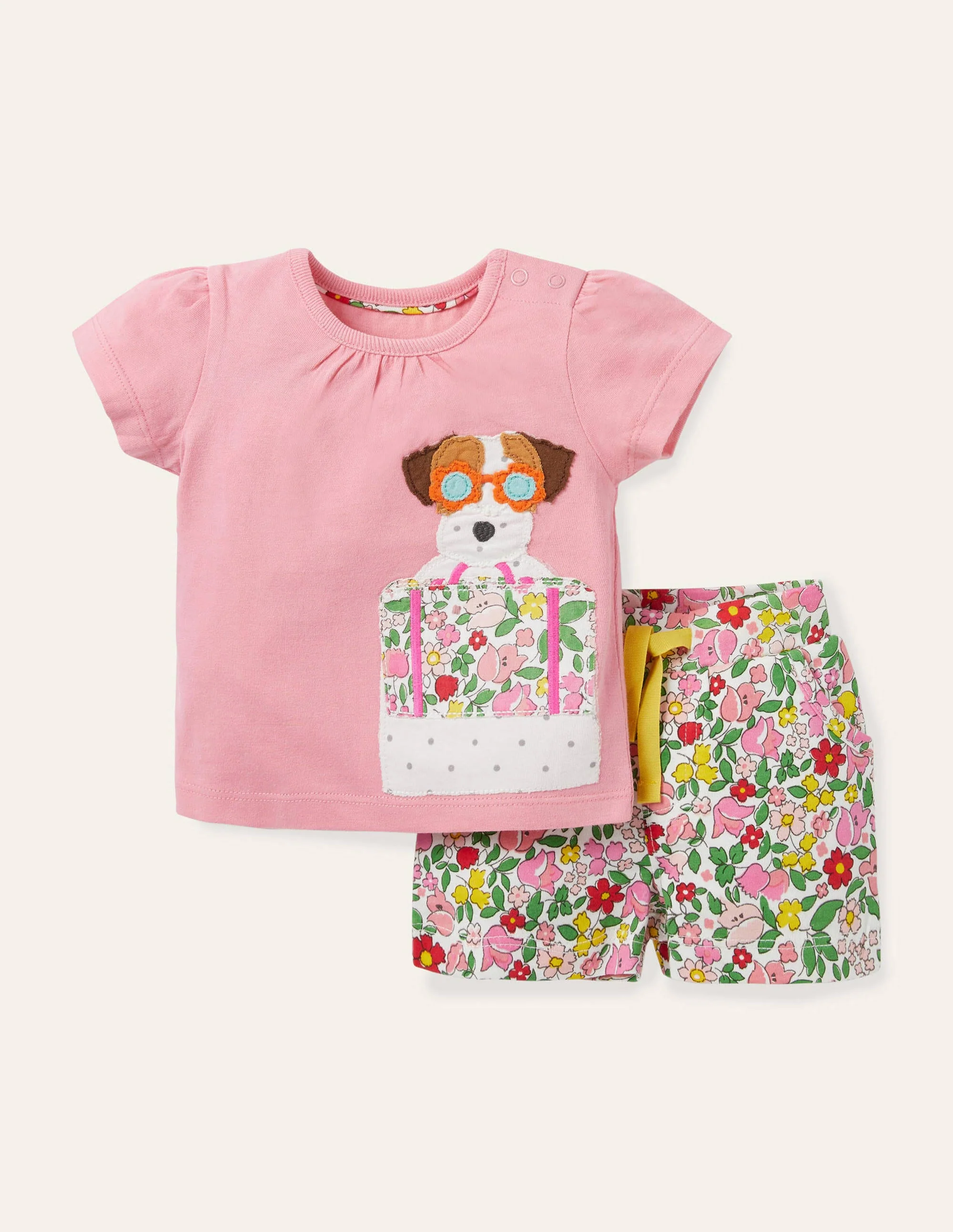 Jerseyshorts mit Applikation im Set-Limonadenrosa, Vintage-Blumenmuster