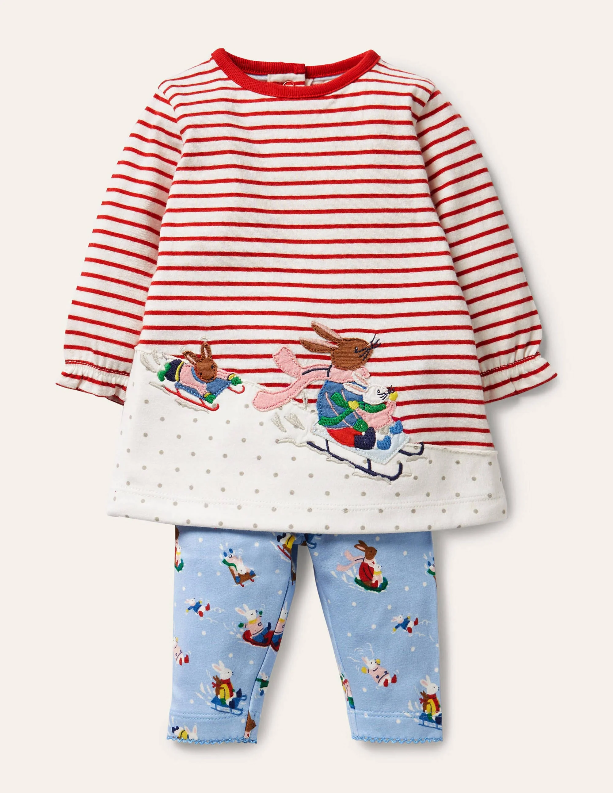Kleid-Set mit großer Applikation-Himmelblau, Schneehäschen