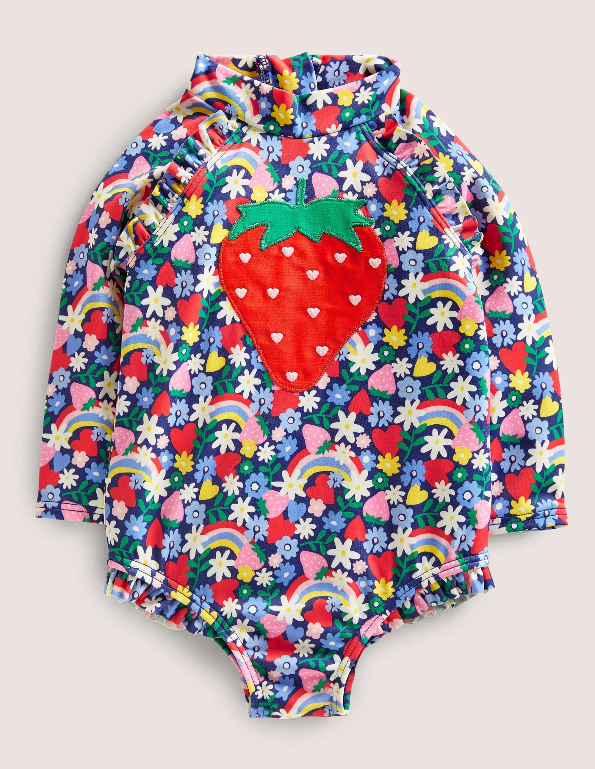 Langärmliger Badeanzug mit Rüschen-Segelblau, Regenbogen/Blumen