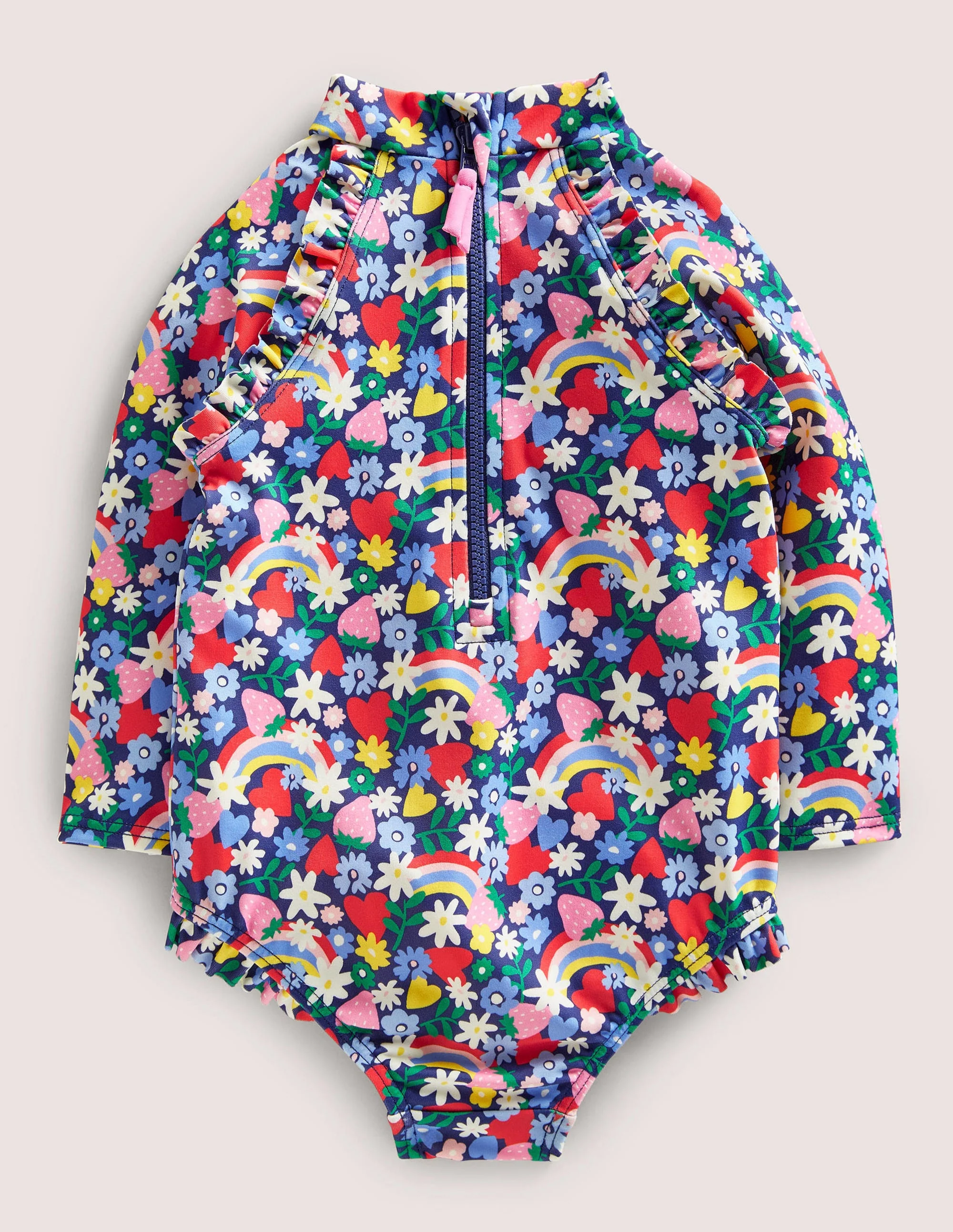 Langärmliger Badeanzug mit Rüschen-Segelblau, Regenbogen/Blumen - Image 2