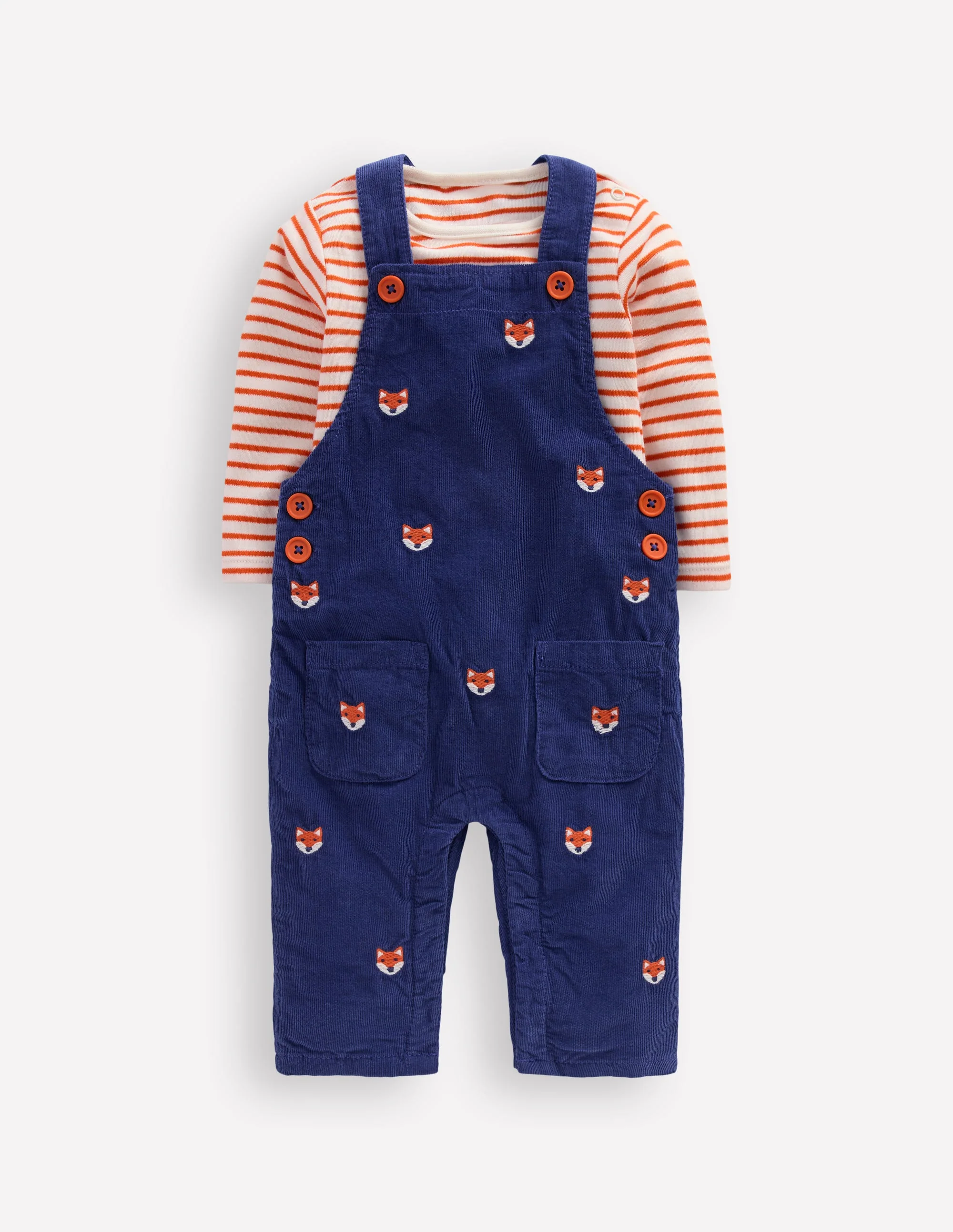 Originelles Set mit Cord-Latzhose-Marineblau Fuchsstickerei