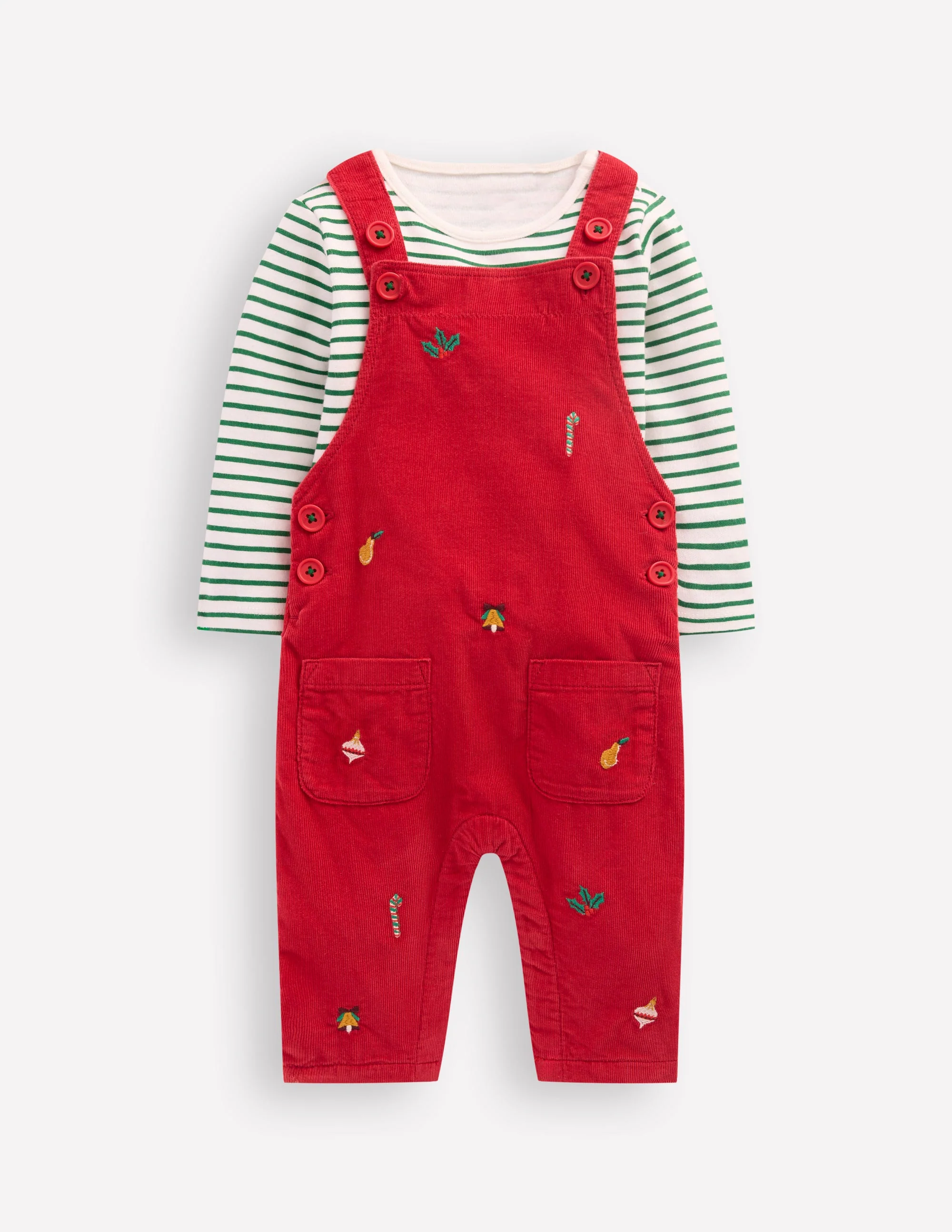 Originelles Set mit Cord-Latzhose-Rot Weihnachtsstickerei