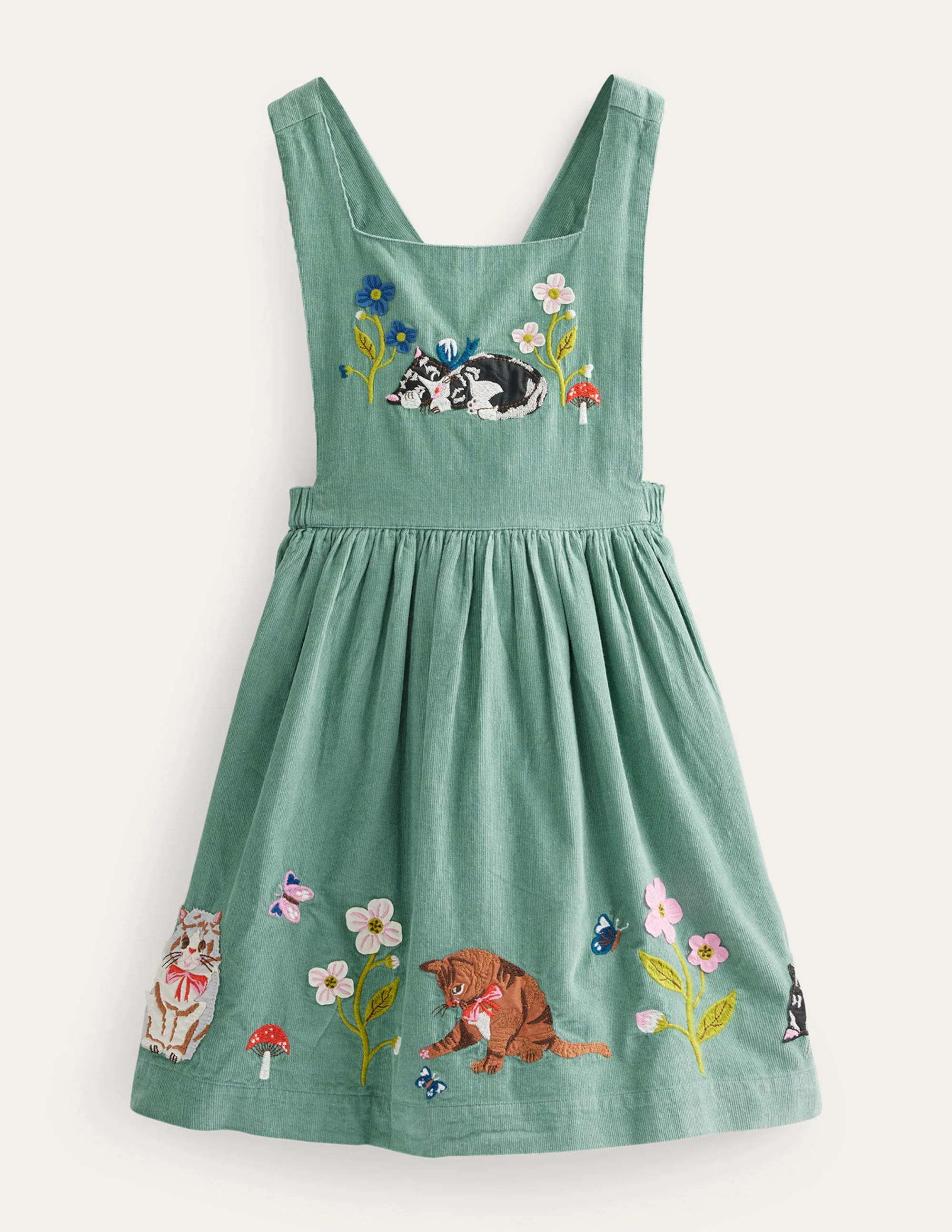 Schürzenkleid aus Cord mit Applikation-Rauchgrün Katzen