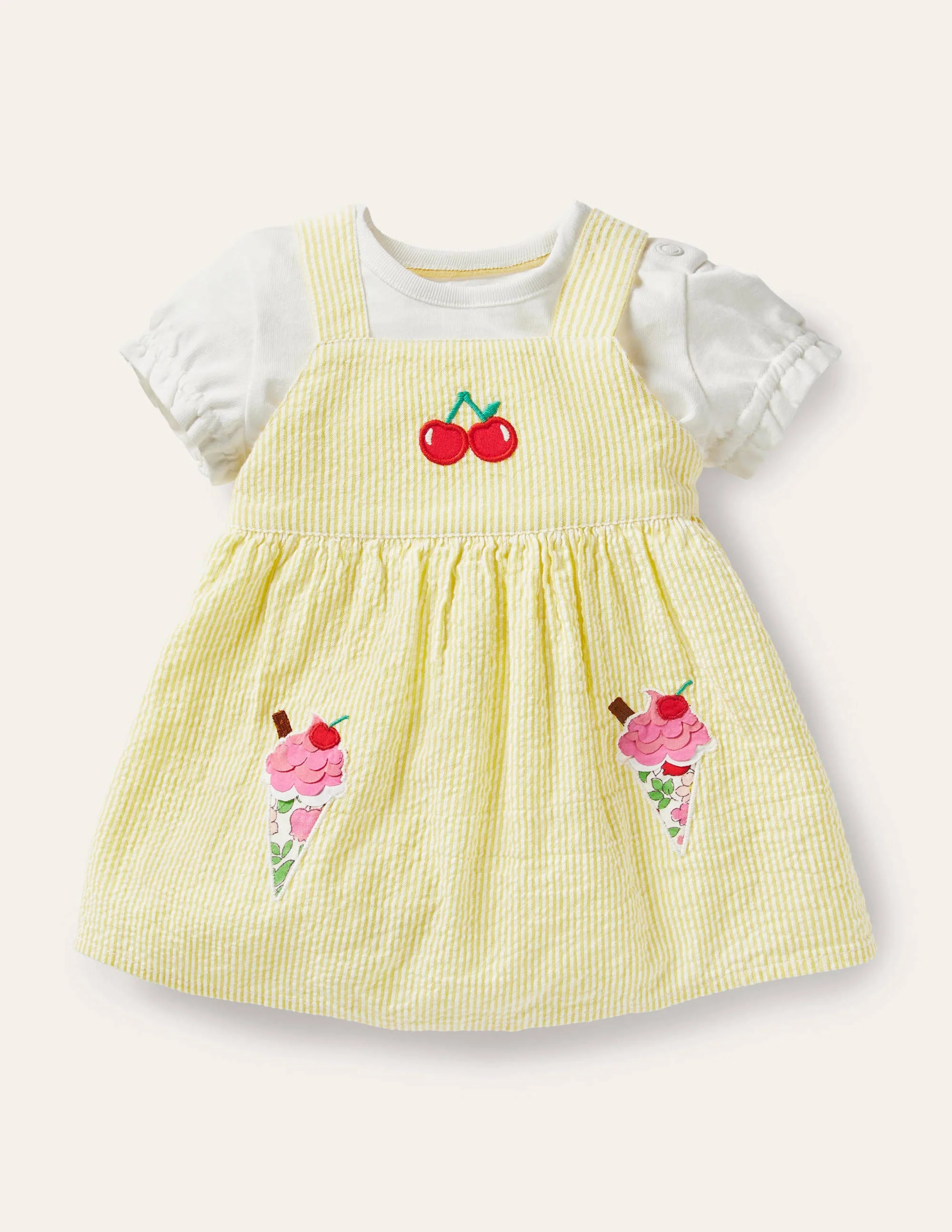 Schürzenkleid mit Eiscrememotiv im Set-Naturweiß/Gelb, Eiscreme