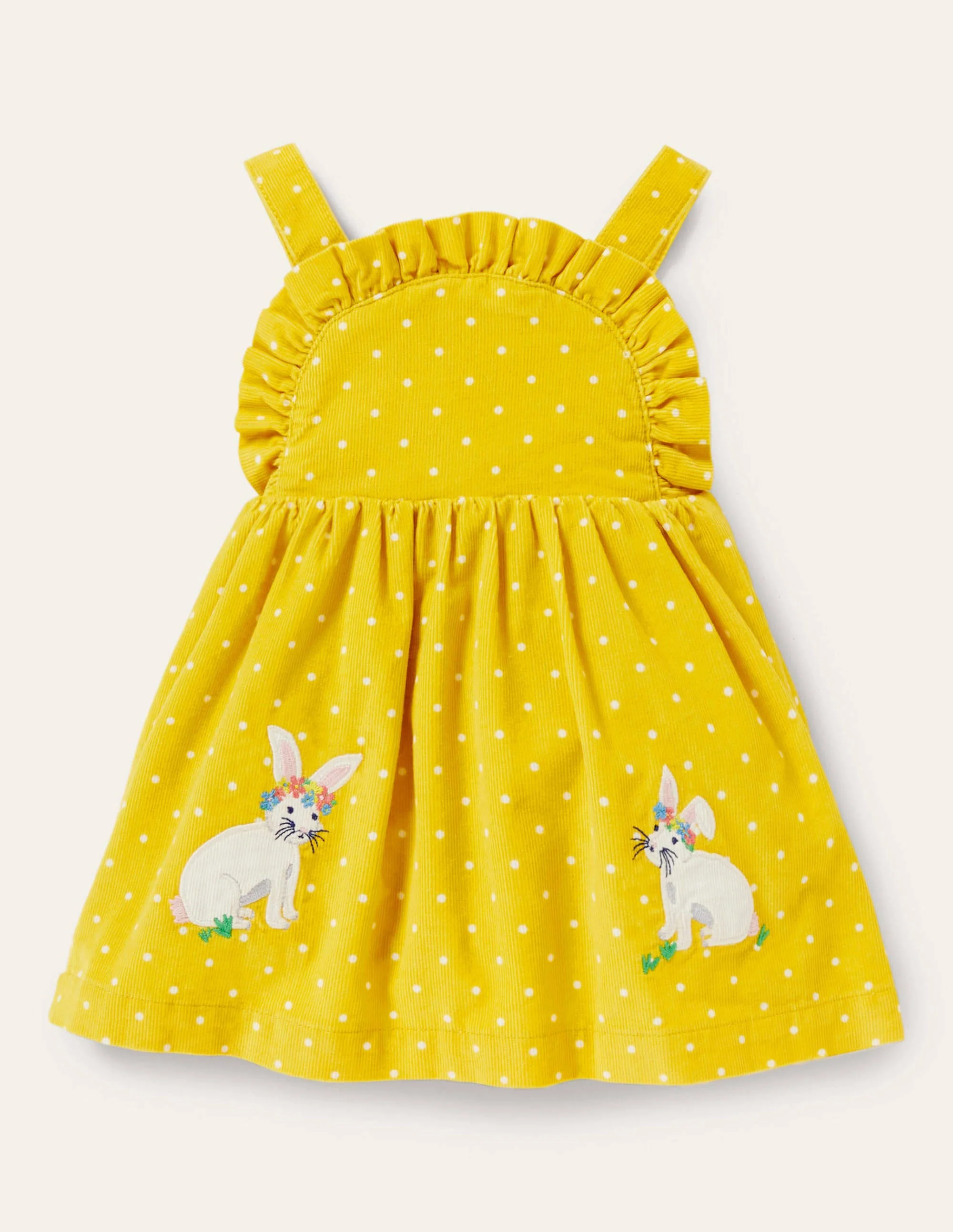 Schürzenkleid mit lustigen Applikationsaufnähern-Maisgelb, Pünktchen/Häschen