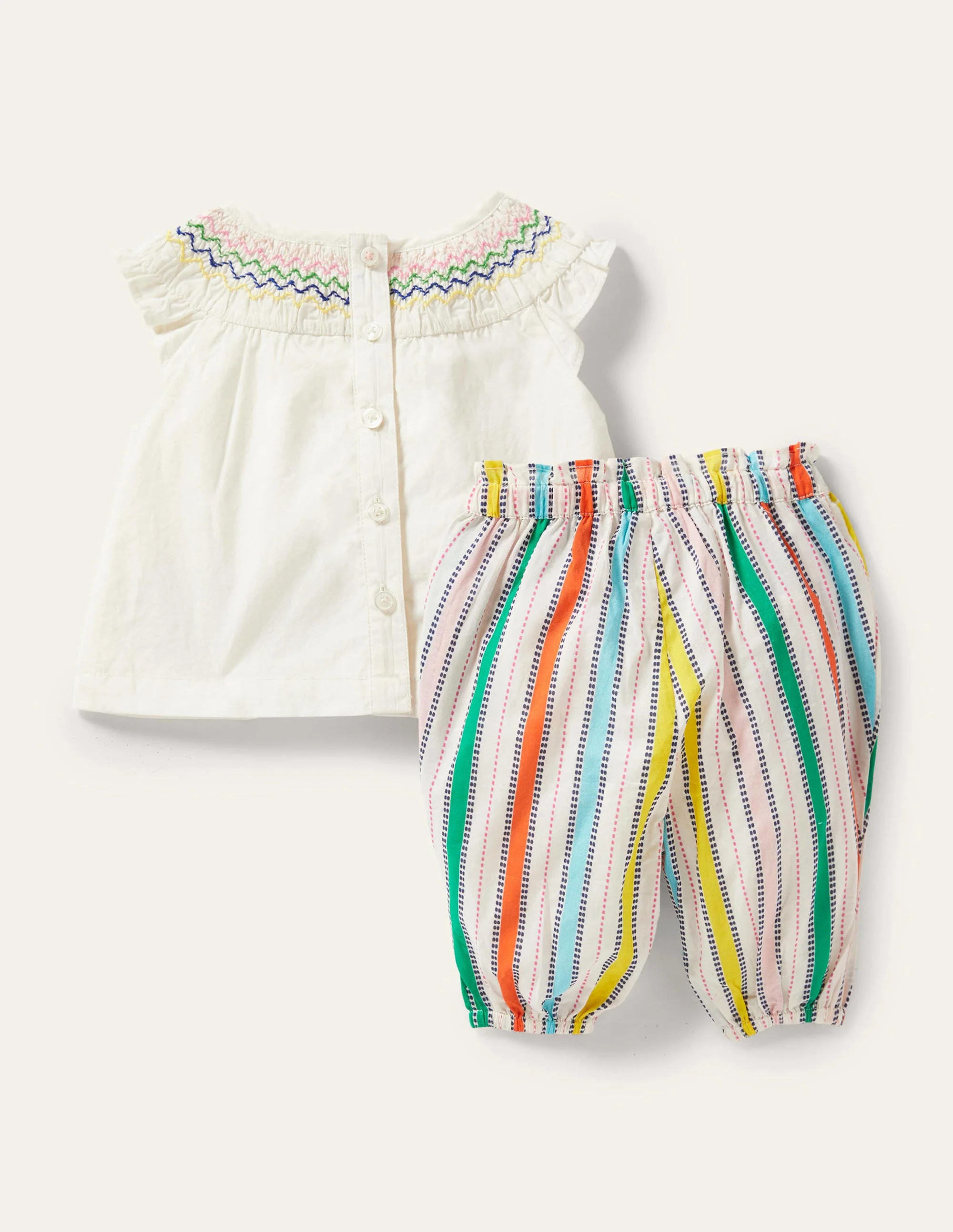 Set aus gesmoktem Oberteil und Hose-Naturweiß, Regenbogenstreifen/Safari - Image 2