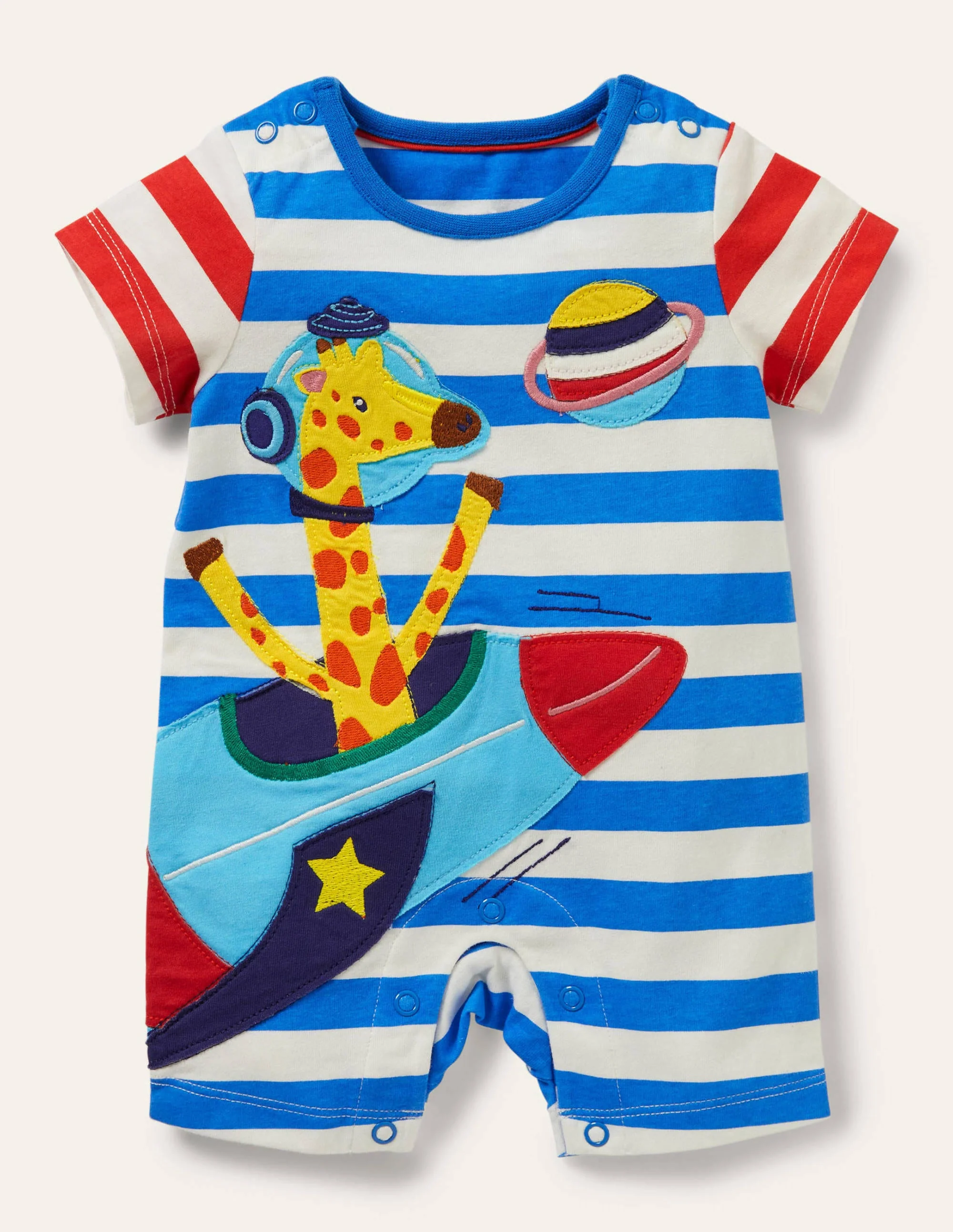 Strampler mit Applikation-Marineblau/Naturweiß, Gestreift/Weltall