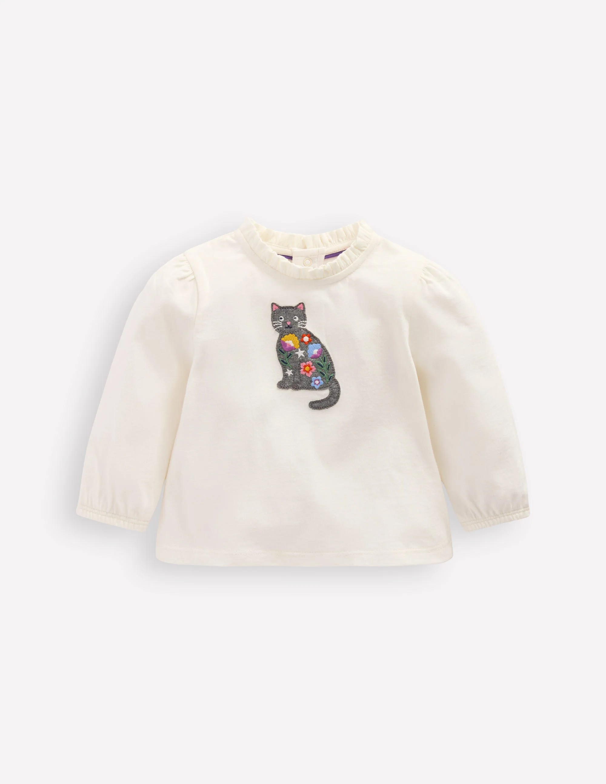 T-Shirt mit Applikation-Sanftes Naturweiß Katze