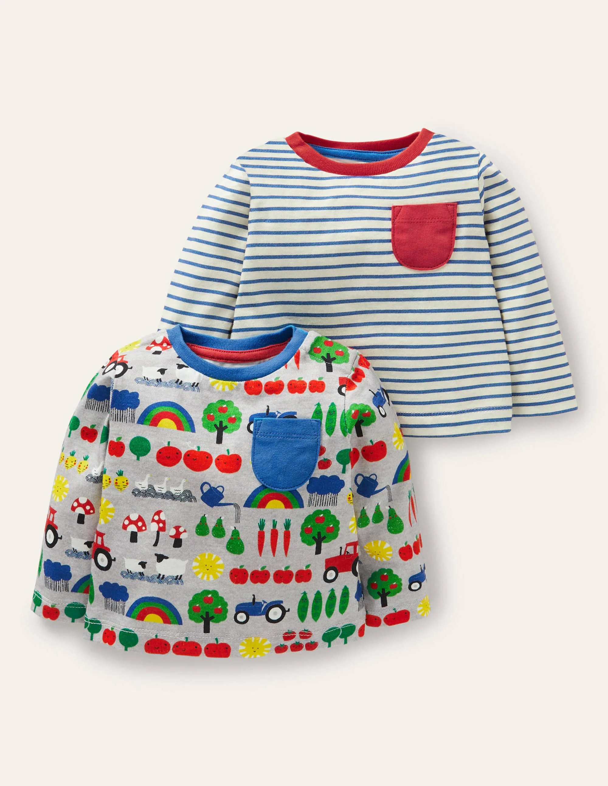T-Shirts mit Bauernhofmotiv im 2er-Pack-Grau Meliert, Regenbogenfarm
