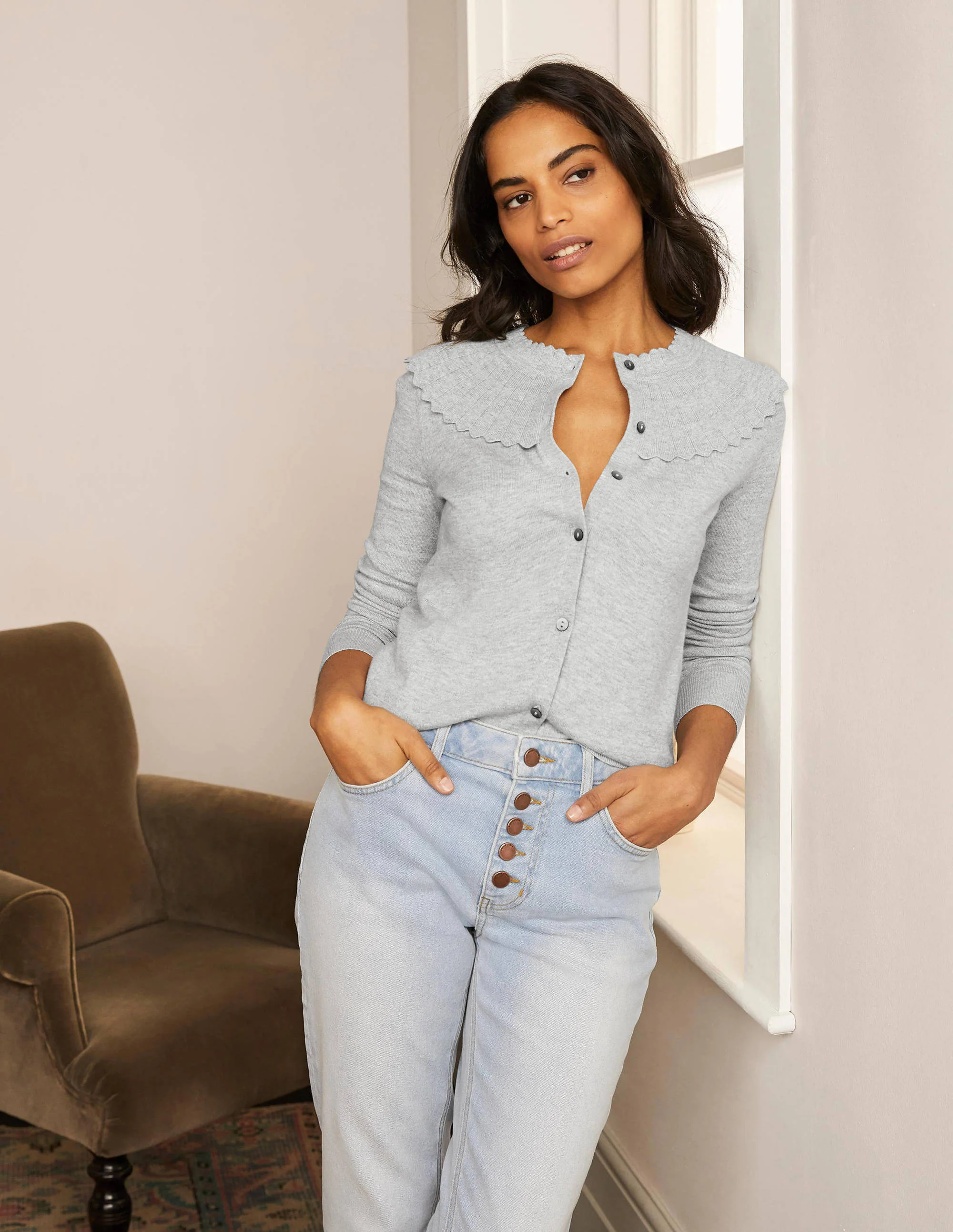 Abercorn Cardigan mit Muschelsaum-Grau Melange