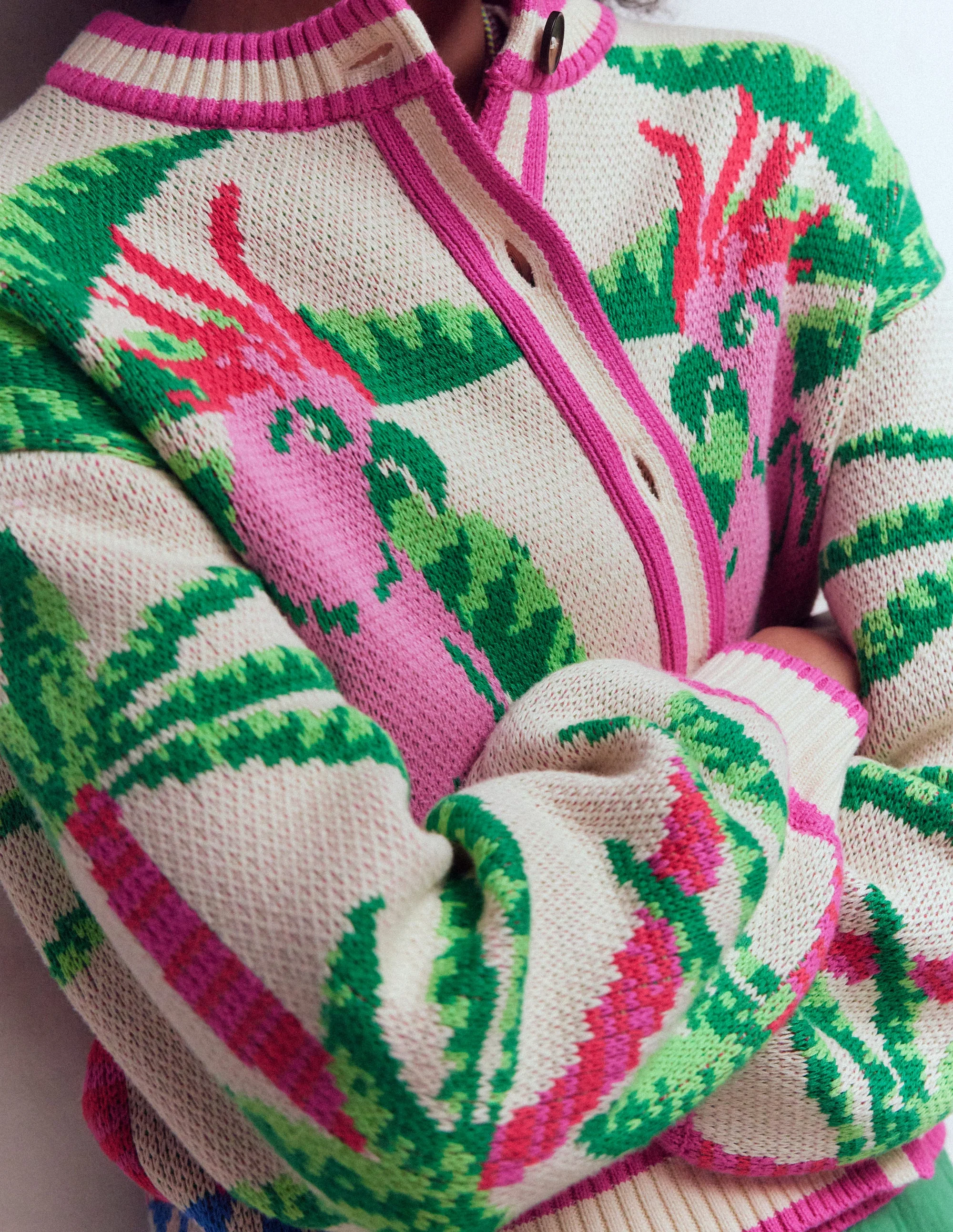 Abi Jacquard-Strickjacke-Warmes Naturweiß, Palmen Vögel - Image 3