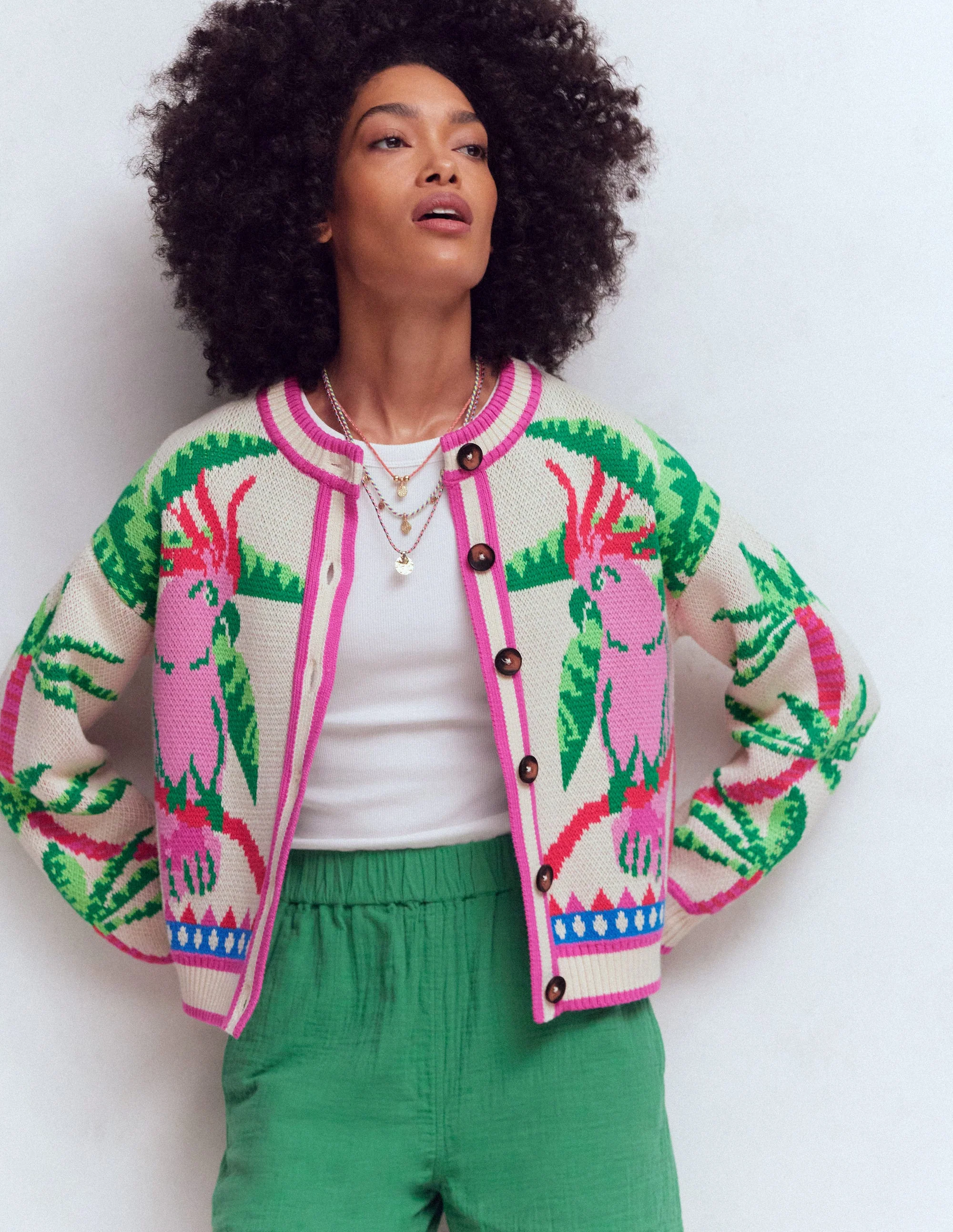 Abi Jacquard-Strickjacke-Warmes Naturweiß, Palmen Vögel - Image 5
