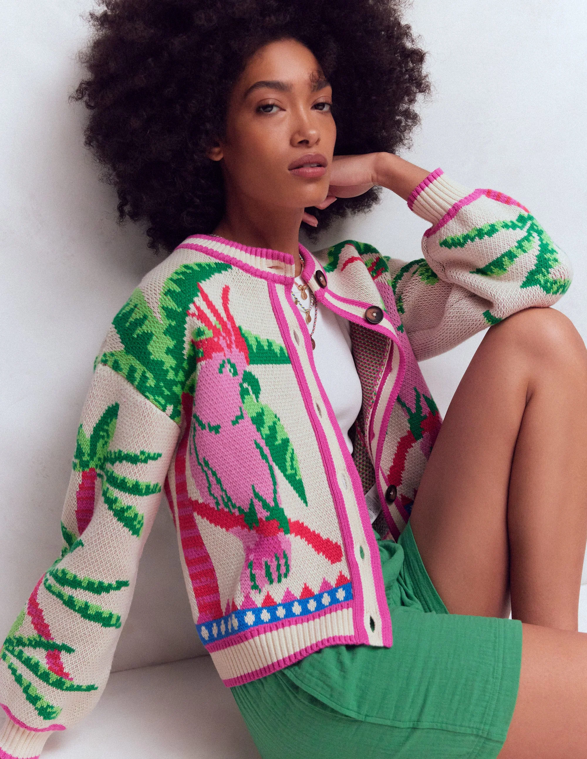 Abi Jacquard-Strickjacke-Warmes Naturweiß, Palmen Vögel - Image 6