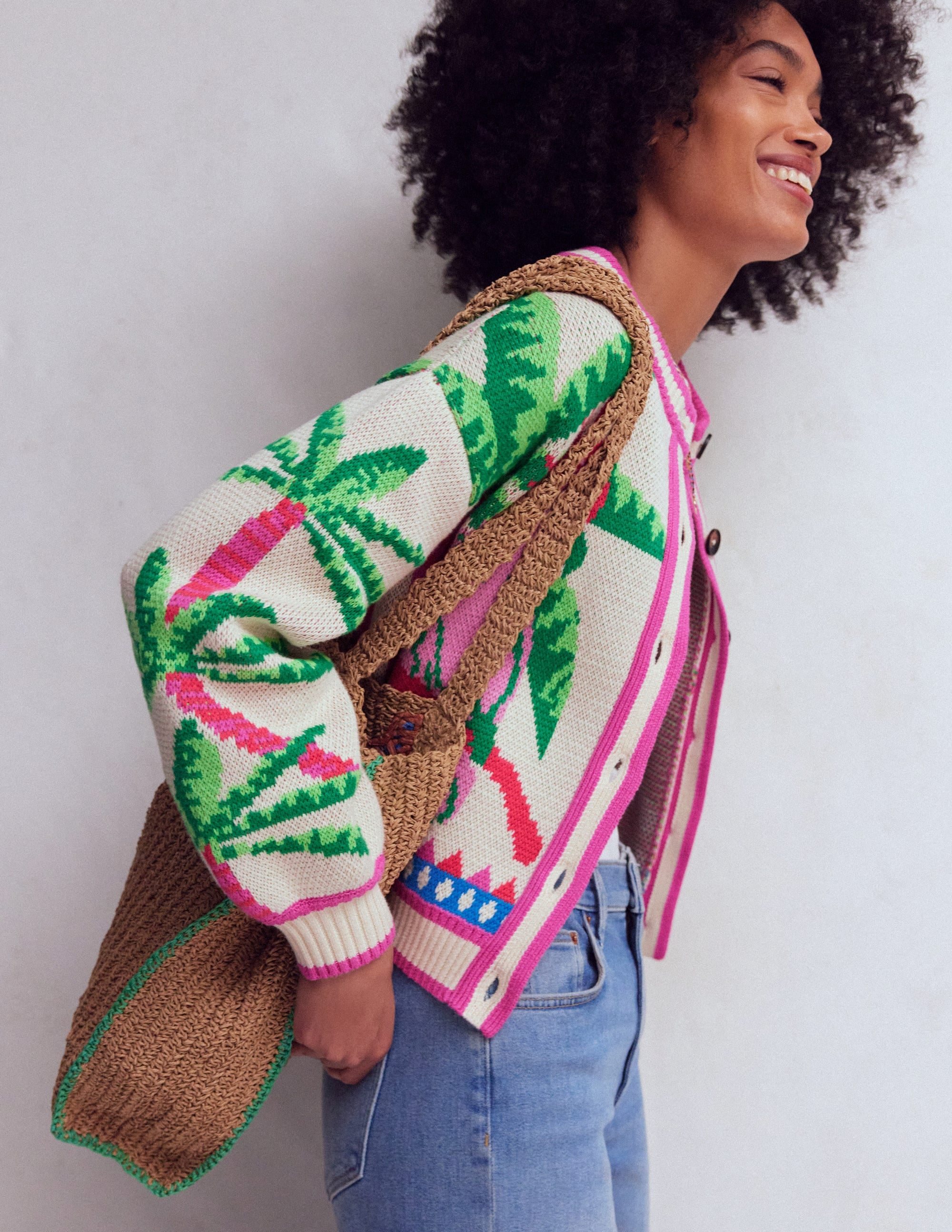Abi Jacquard-Strickjacke-Warmes Naturweiß, Palmen Vögel - Image 8