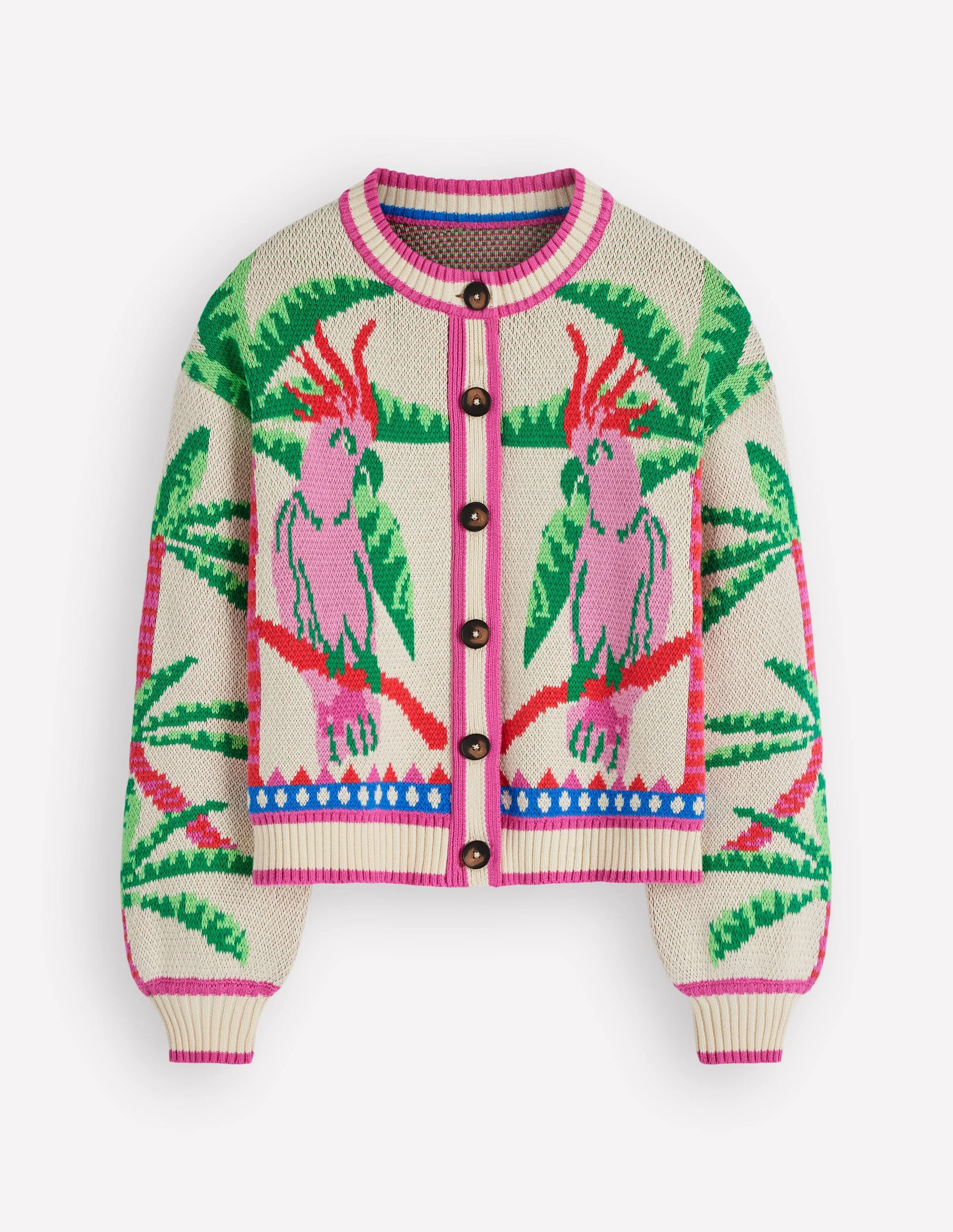 Abi Jacquard-Strickjacke-Warmes Naturweiß, Palmen Vögel - Image 9