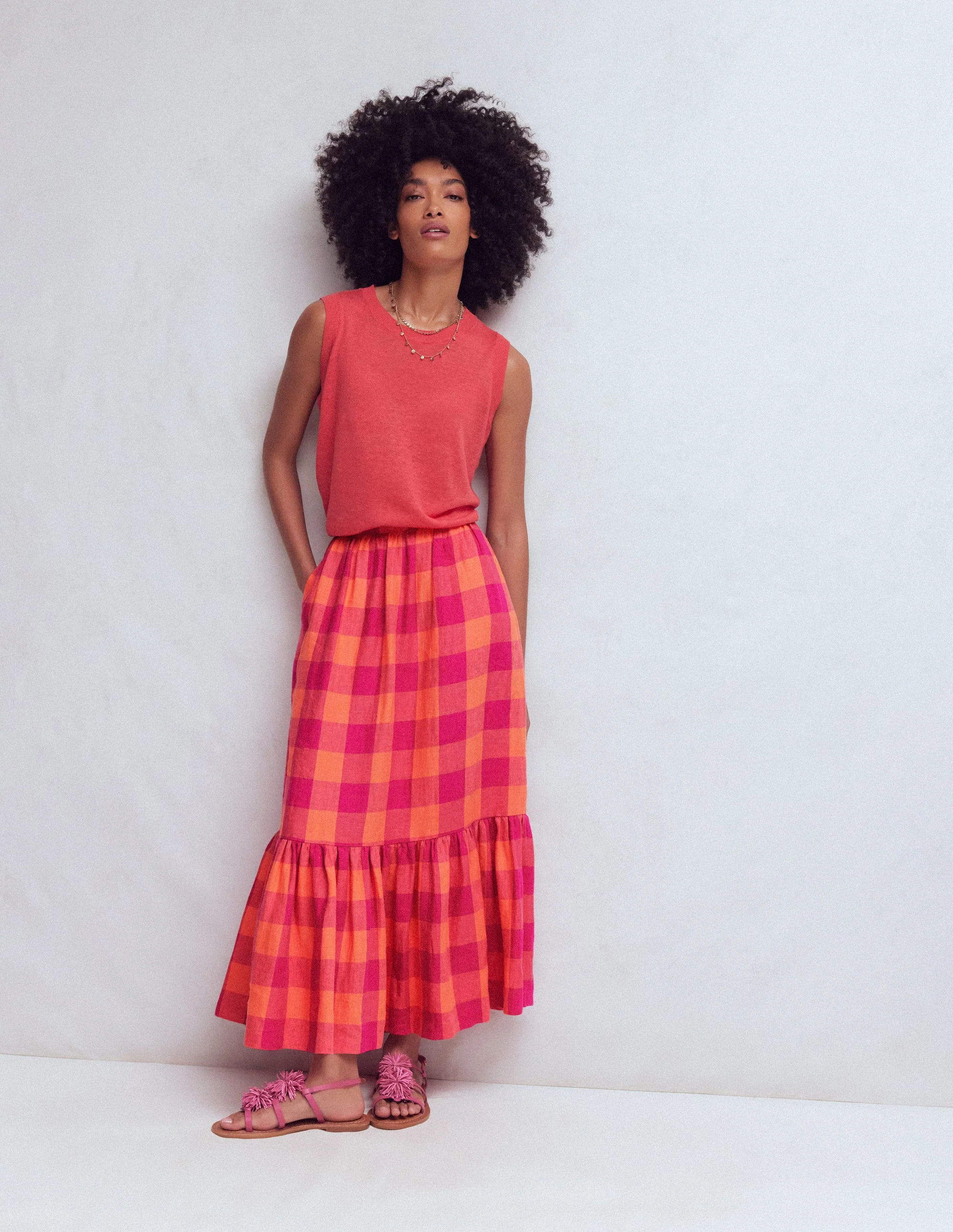 Abigail Maxirock aus Leinen-Fruchtiges Orange, Rosa Vichykaro - Image 4