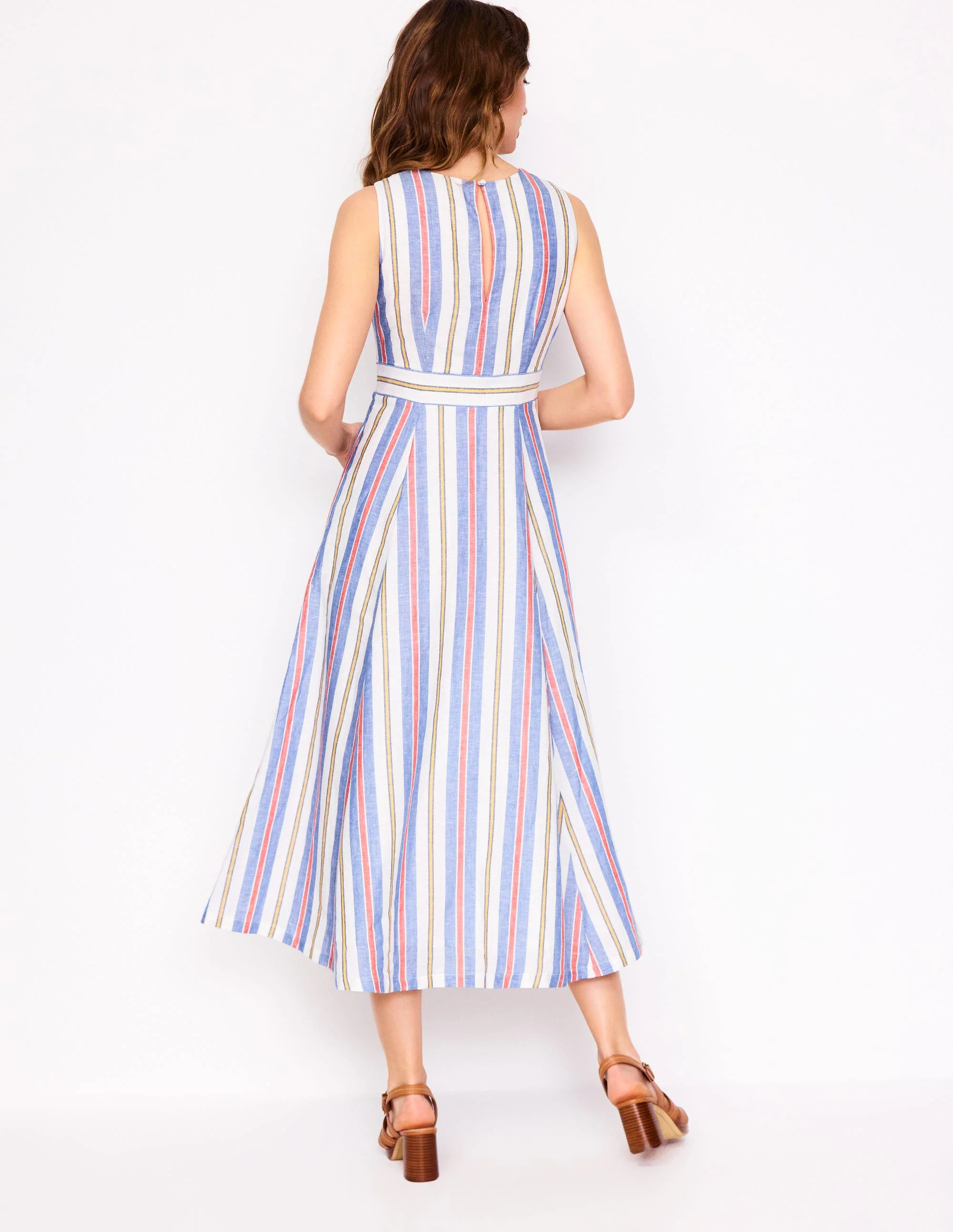 Ärmelloses Kleid aus Leinenmischgewebe-Leuchtendes Blau und braune Streifen - Image 3