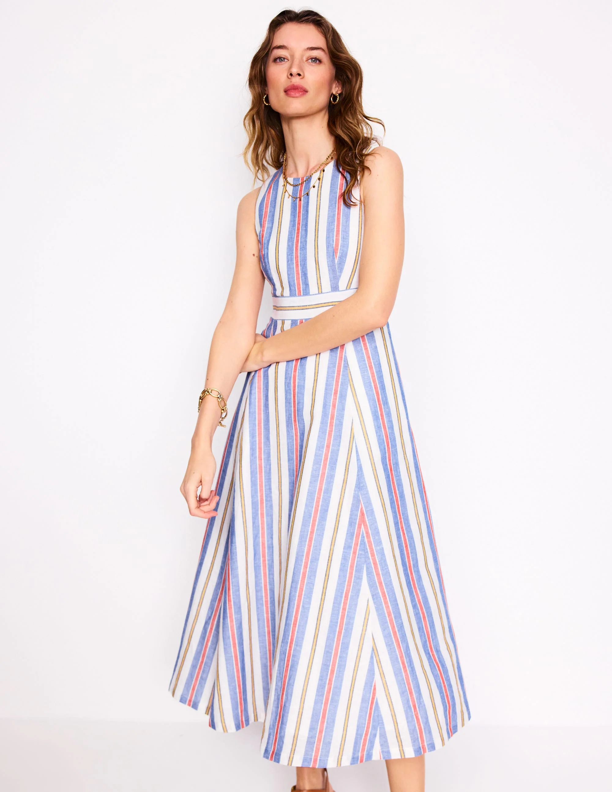 Ärmelloses Kleid aus Leinenmischgewebe-Leuchtendes Blau und braune Streifen - Image 4