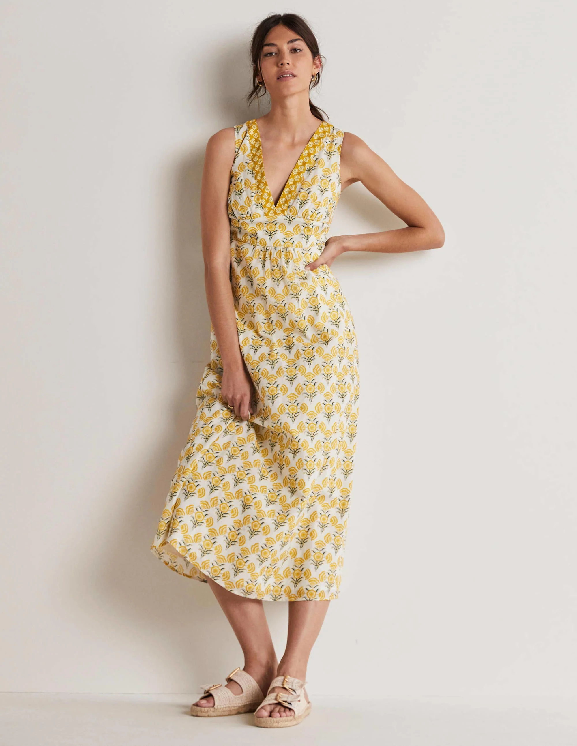 Ärmelloses Maxikleid aus Baumwolle-Naturweiß, Geometrisches Blumenmuster