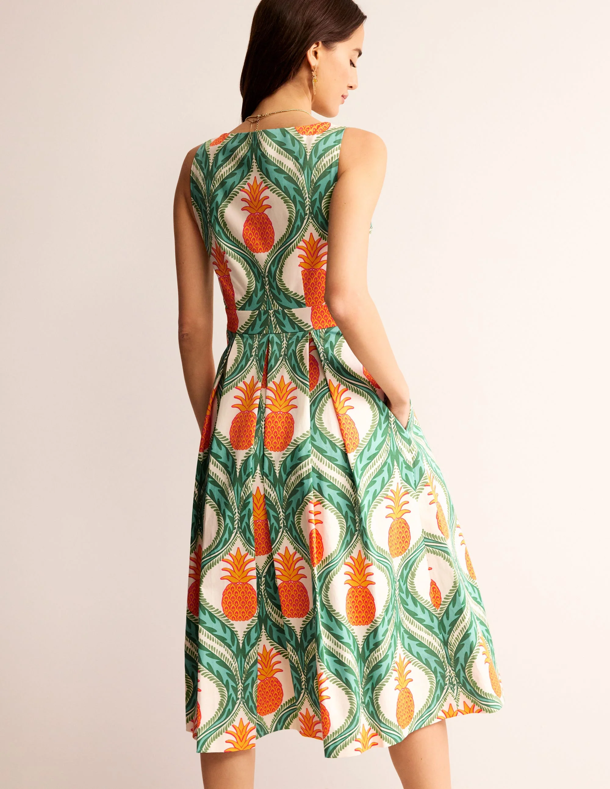 Ärmelloses Midi-Faltenkleid-Grünes Tamburin, Ananas - Image 4