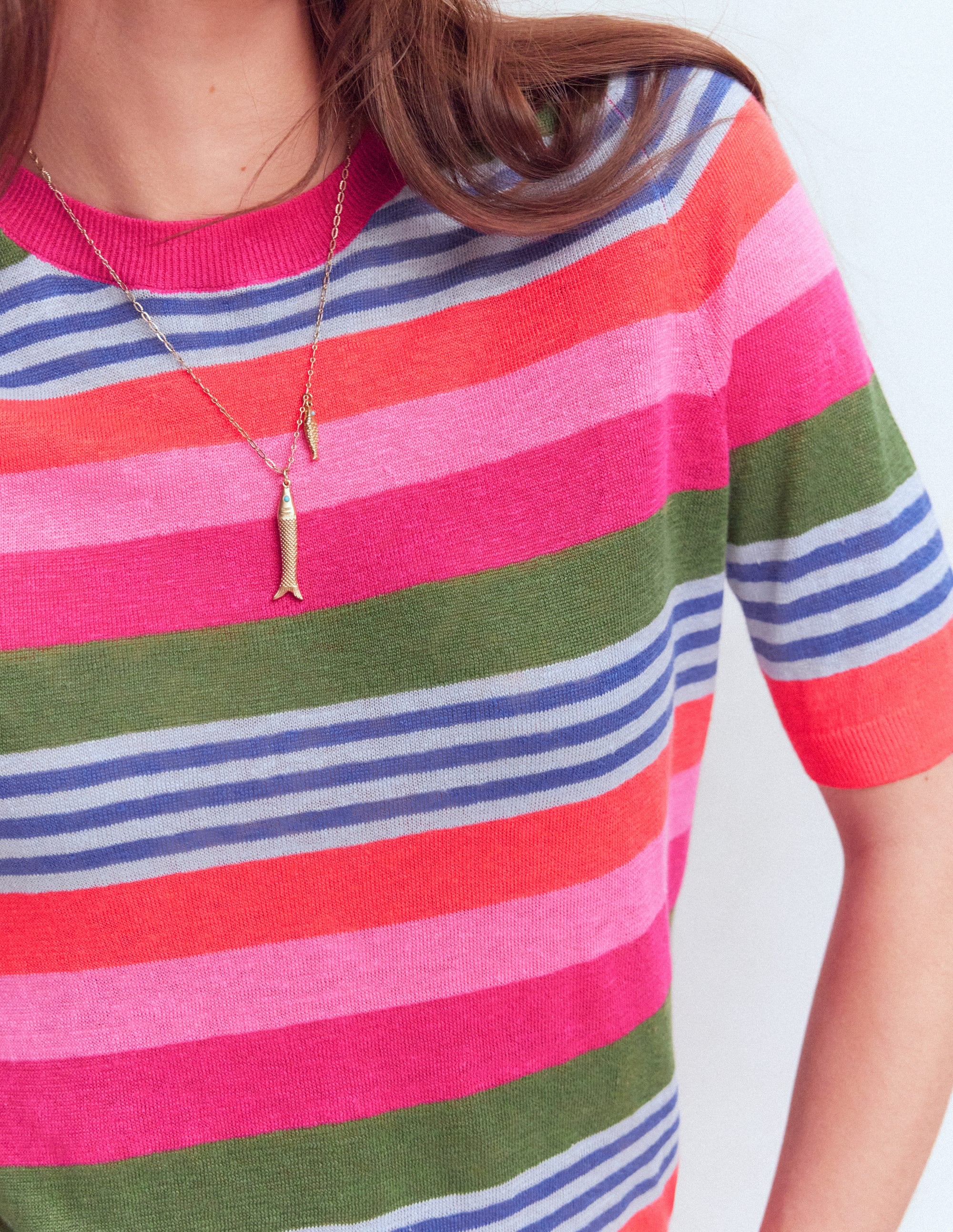 Agnes Leinen-T-Shirt mit Knopfleiste-Ackerbohnengrün/Pink, Gestreift - Image 2