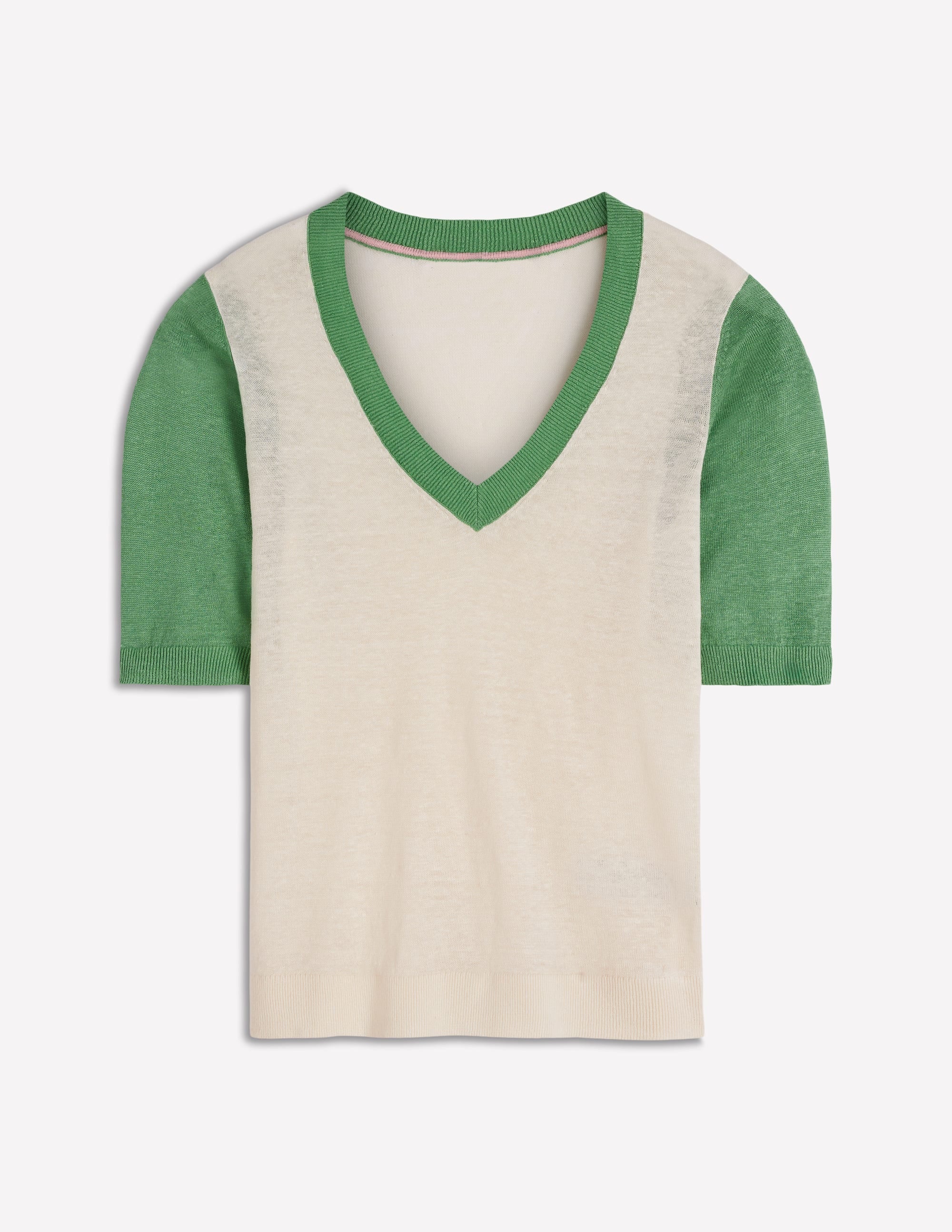 Agnes Leinen-T-Shirt mit V-Ausschnitt-Naturweiß/Grün - Image 6