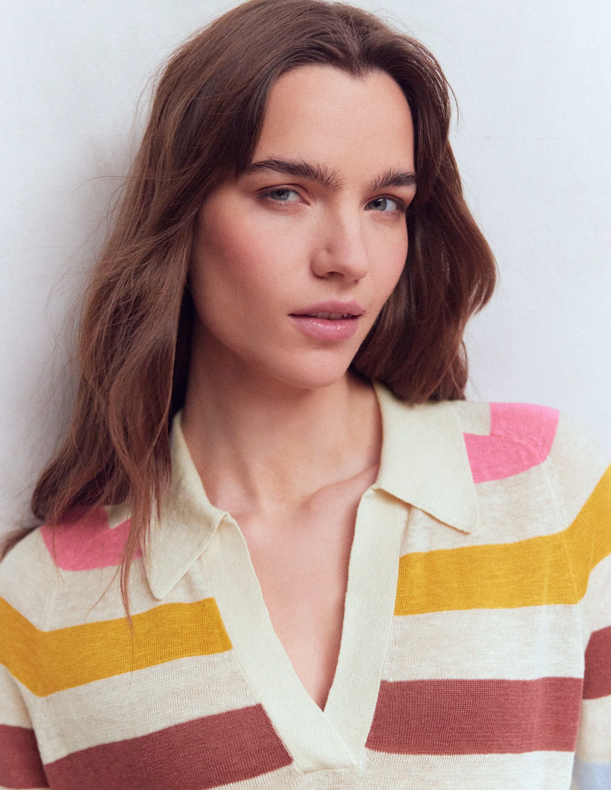 Agnes Leinenpullover mit Kragen-Naturweiß, Rosa, Grün Bunte Streifen - Image 2