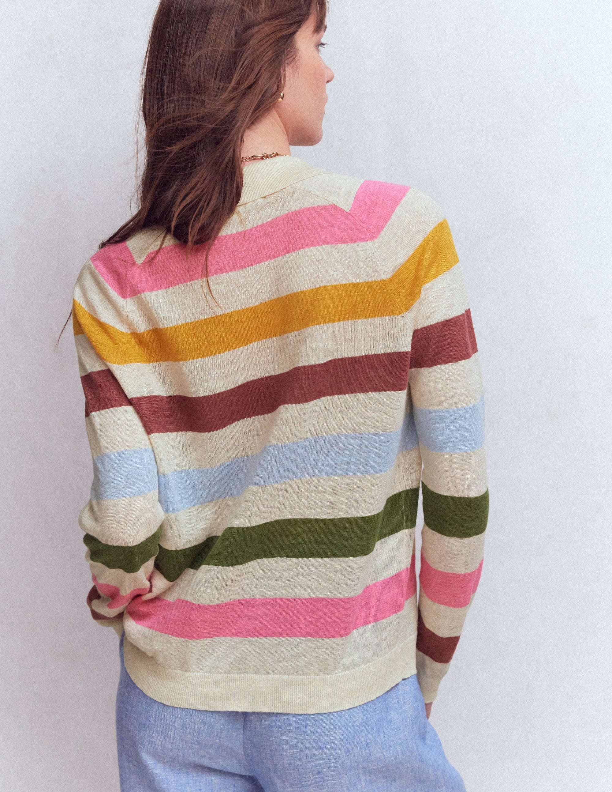 Agnes Leinenpullover mit Kragen-Naturweiß, Rosa, Grün Bunte Streifen - Image 3
