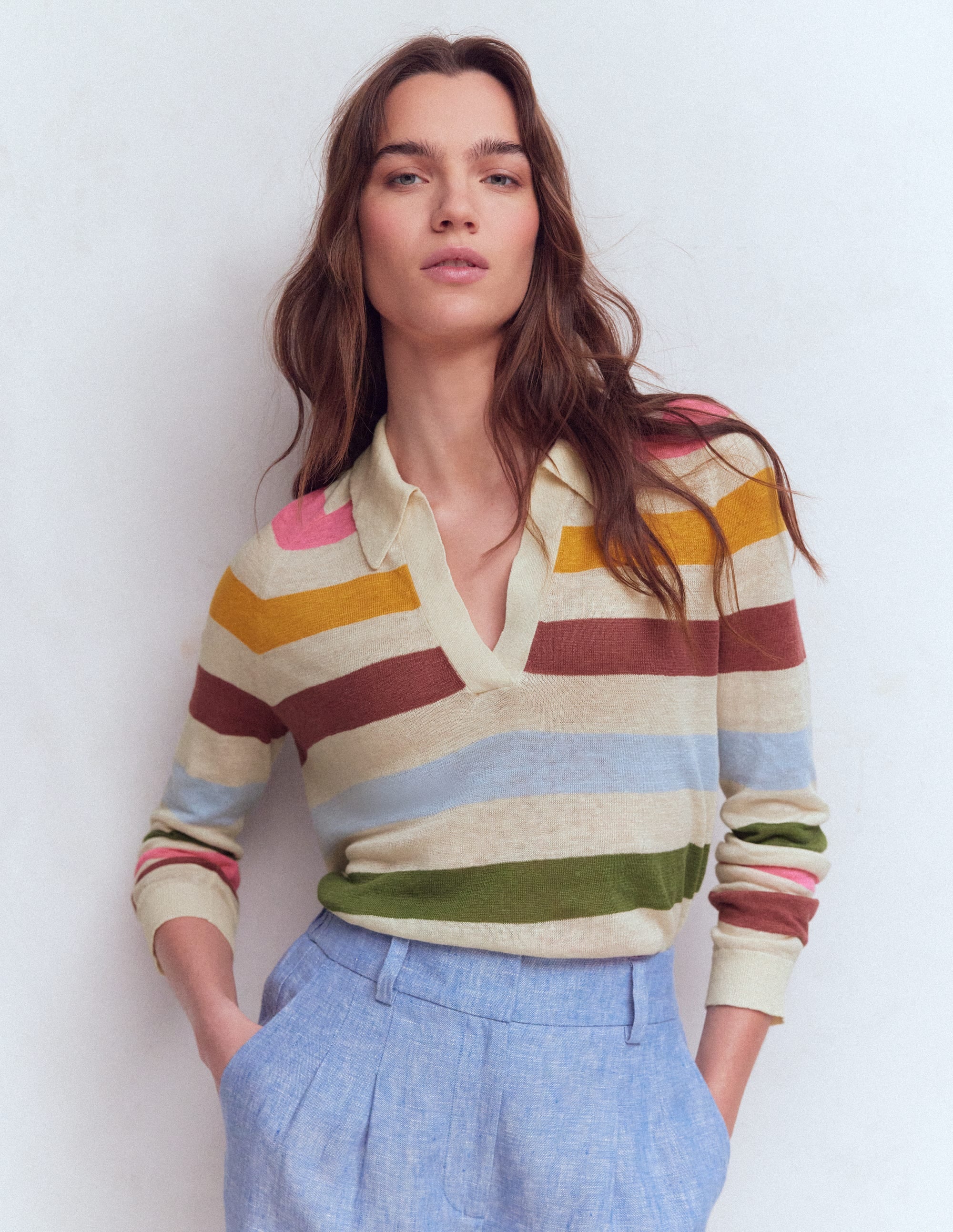 Agnes Leinenpullover mit Kragen-Naturweiß, Rosa, Grün Bunte Streifen - Image 4