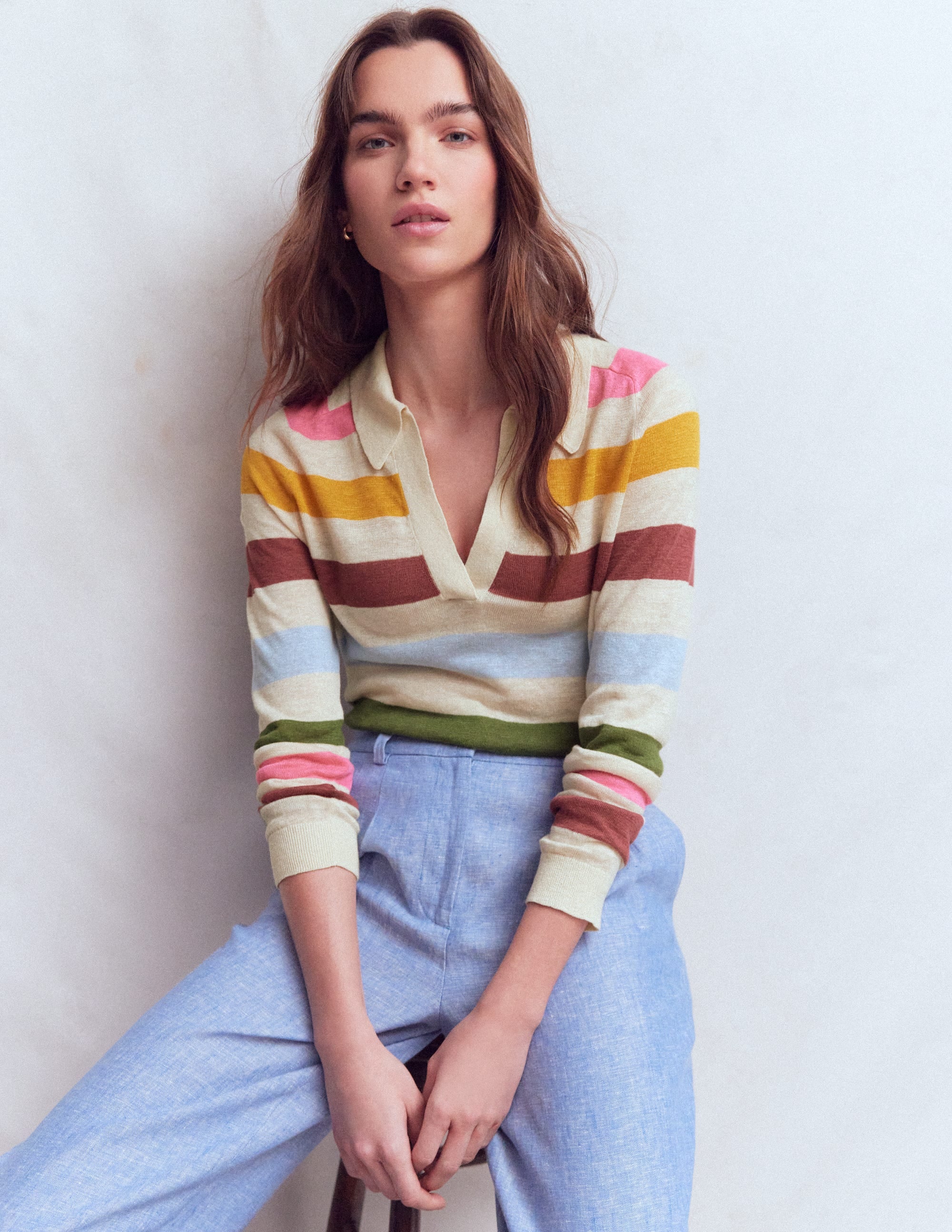 Agnes Leinenpullover mit Kragen-Naturweiß, Rosa, Grün Bunte Streifen - Image 5