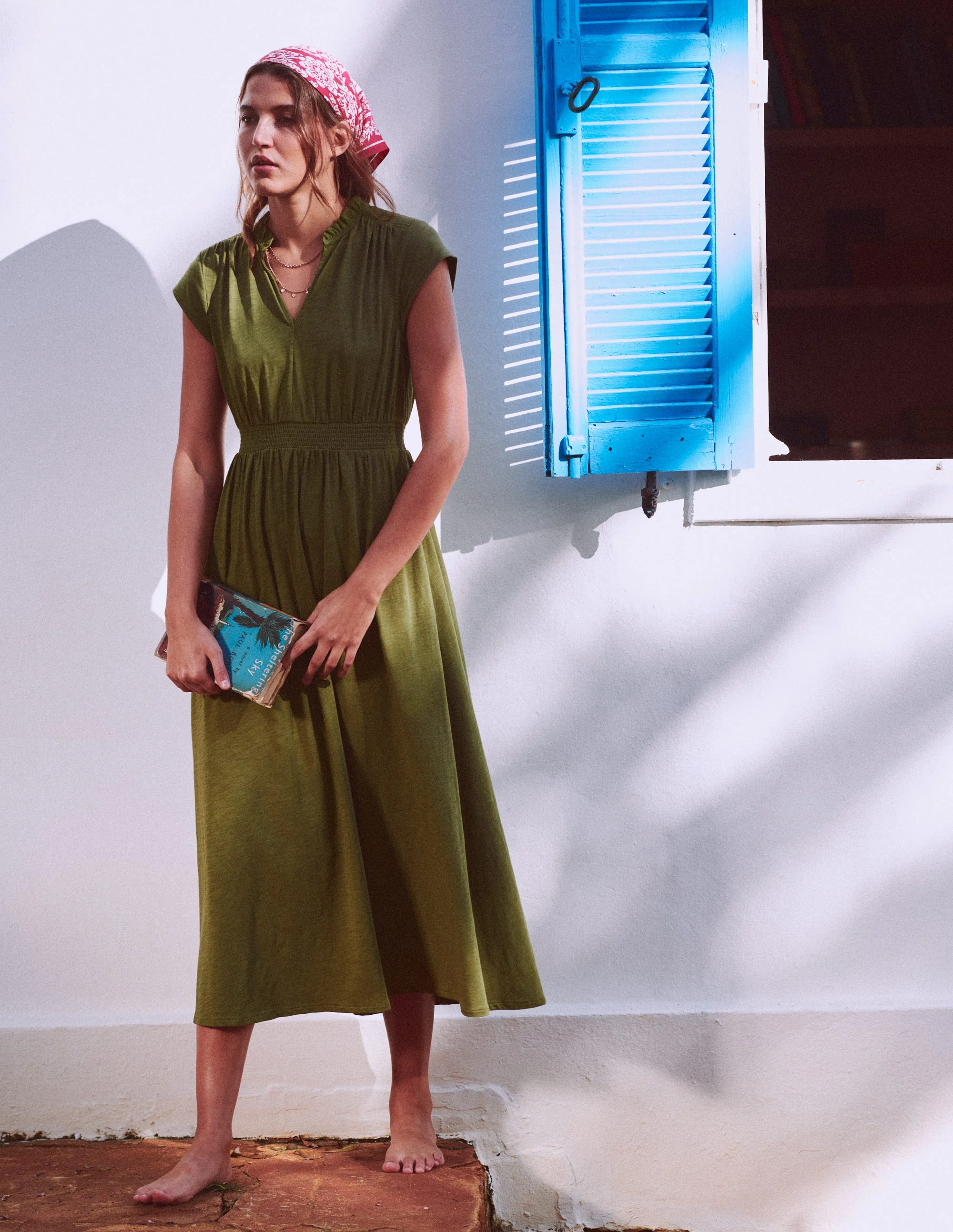Alba Gesmoktes Jersey-Midikleid-Olive - Image 5