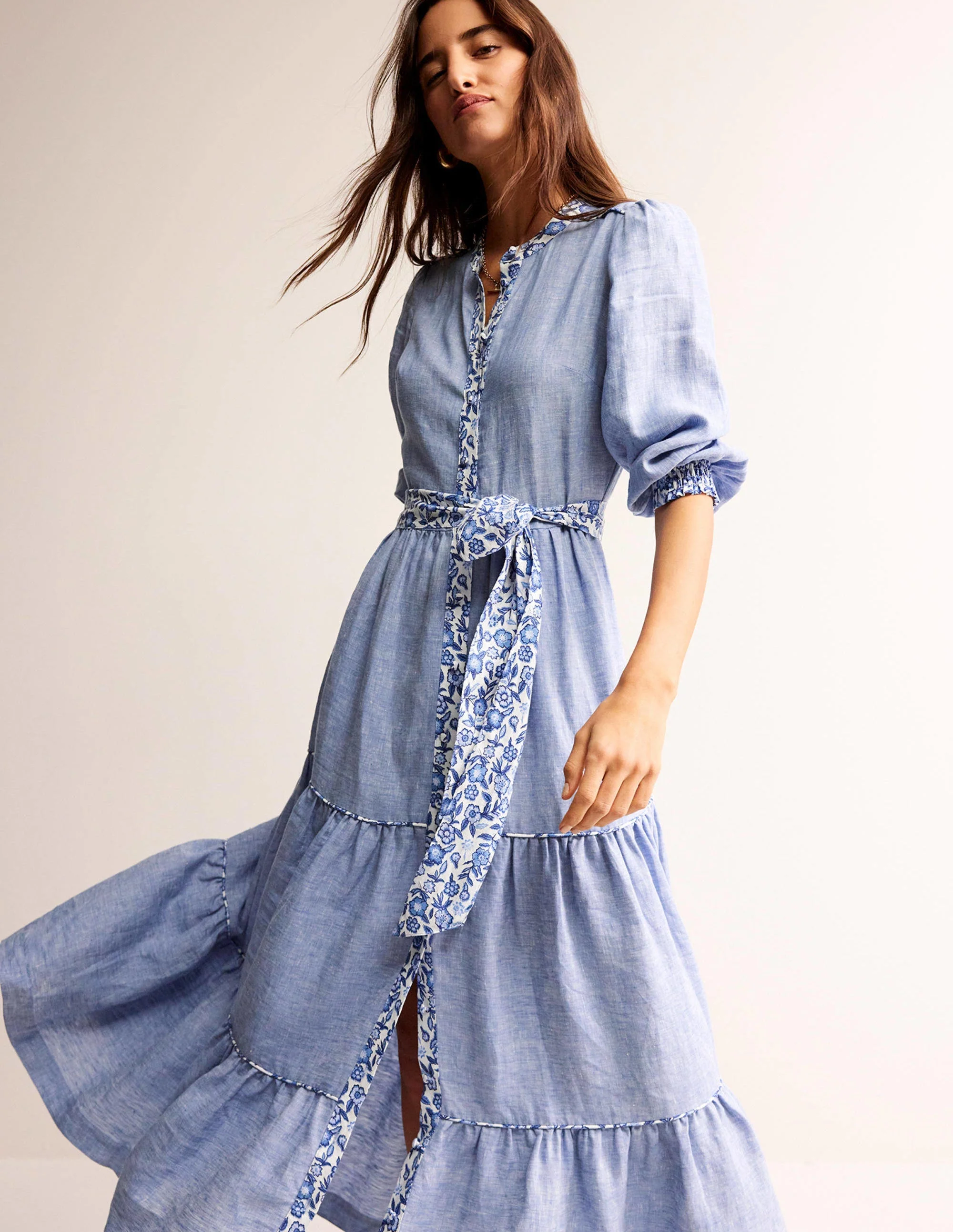 Alba Maxi-Chambray-Kleid-Faux-Uni