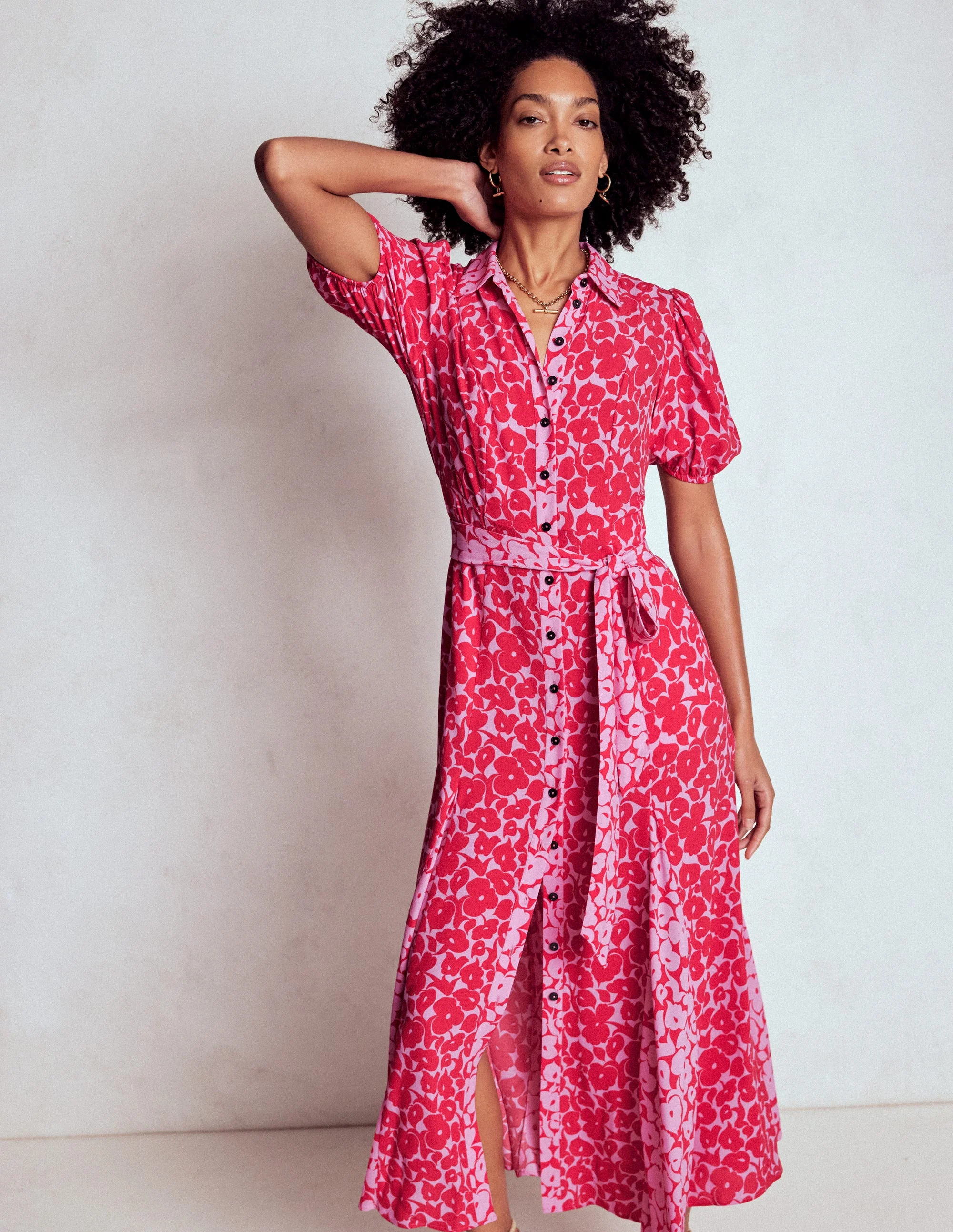 Alegra Midi-Hemdblusenkleid-Juwelenrot, Blattdesign - Image 3