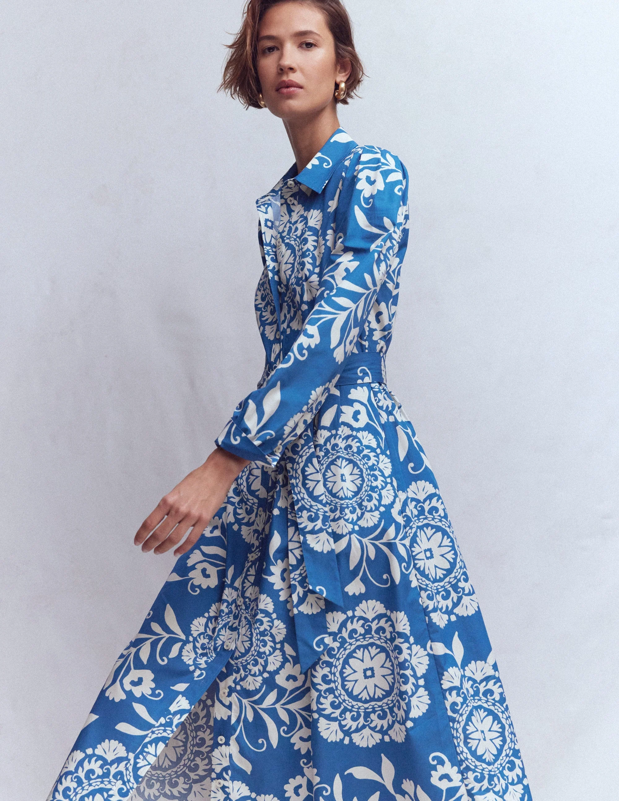Alexa langärmliges Midikleid-Blau, Dekorative Blüten